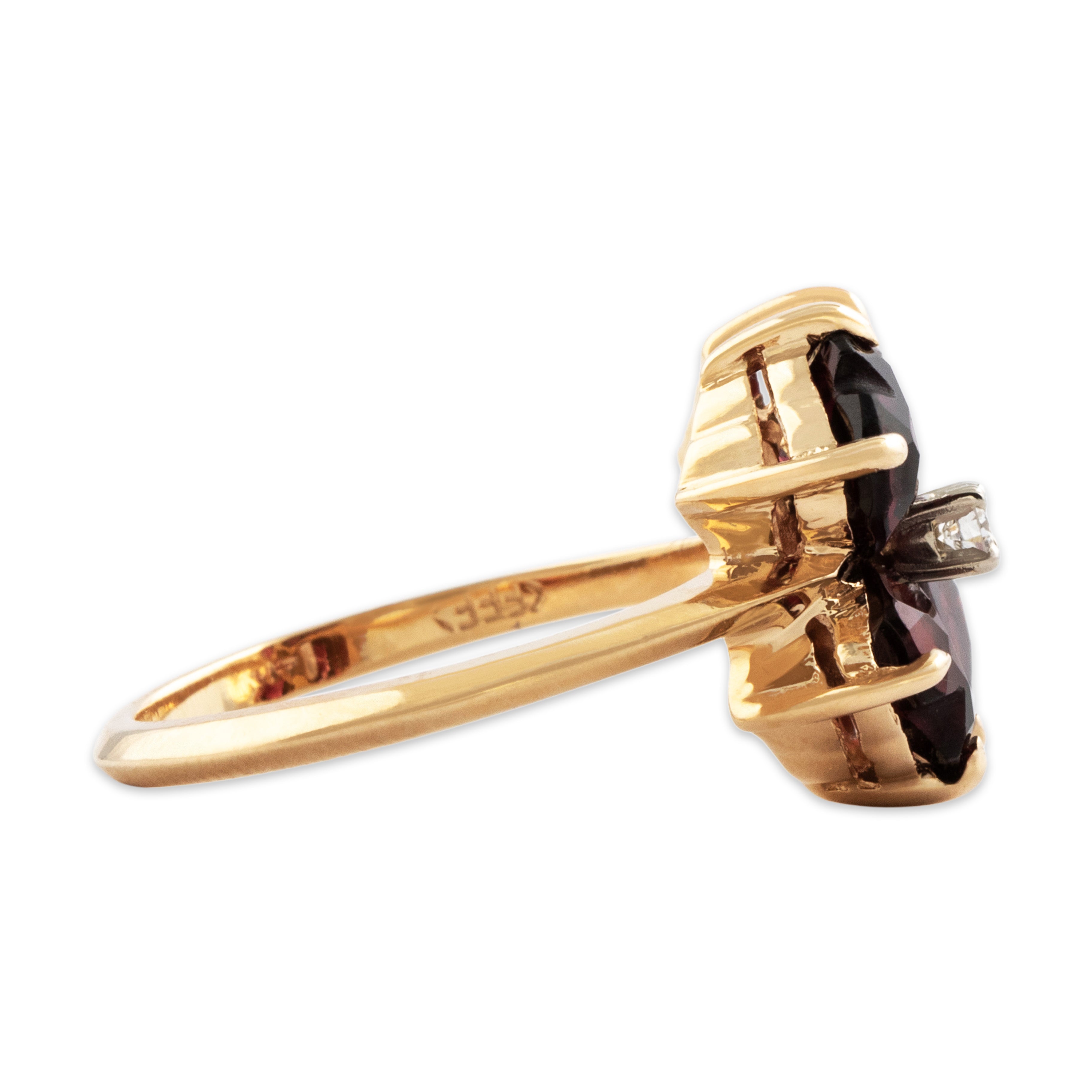 Vintage 14k Yellow Gold 2.3cttw Garnet Diamond Lovely Clover Ring - Side view