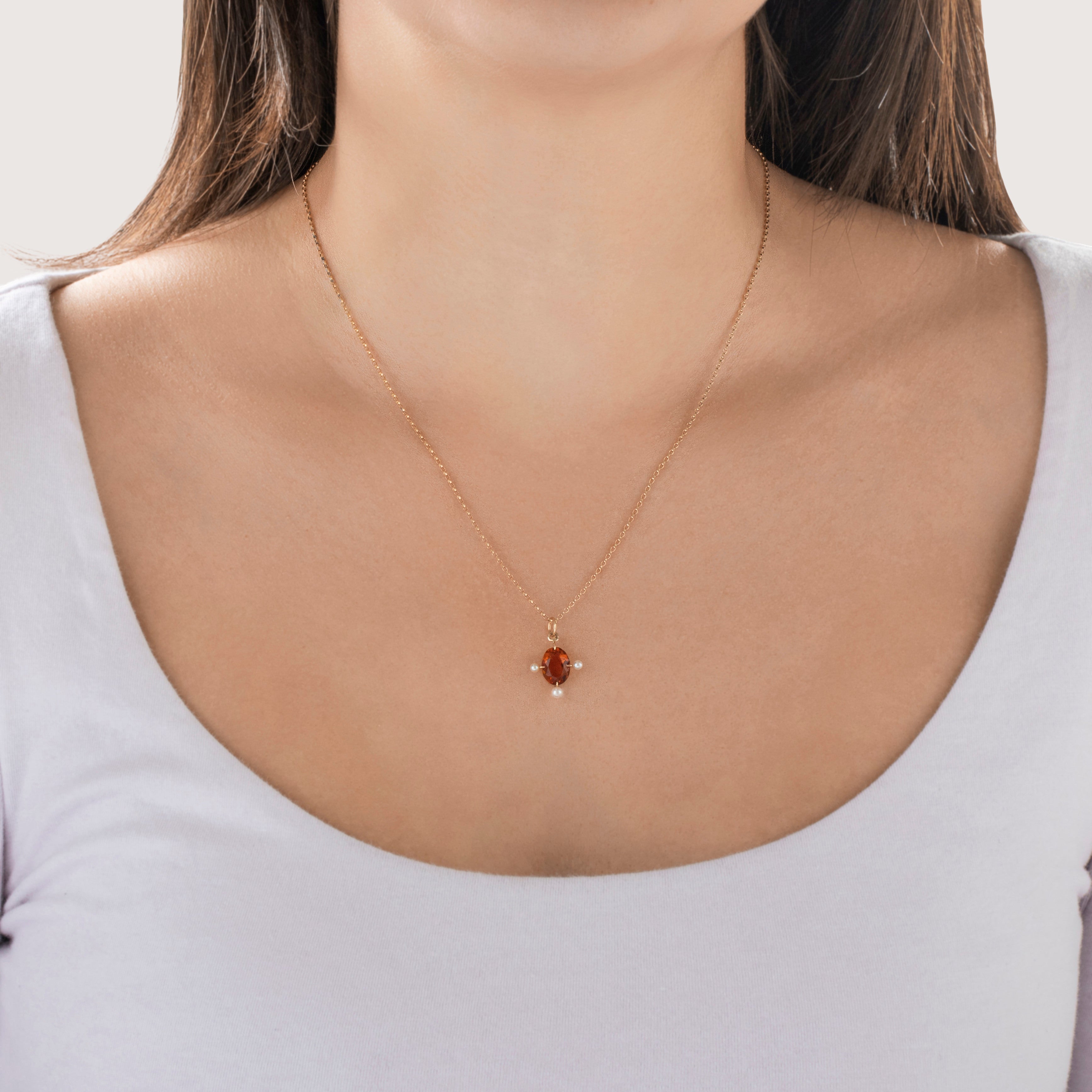 Vintage Small 14k Yellow Gold Orange Glass Pearl Fun Trio Oval Charm / Pendant - On model view