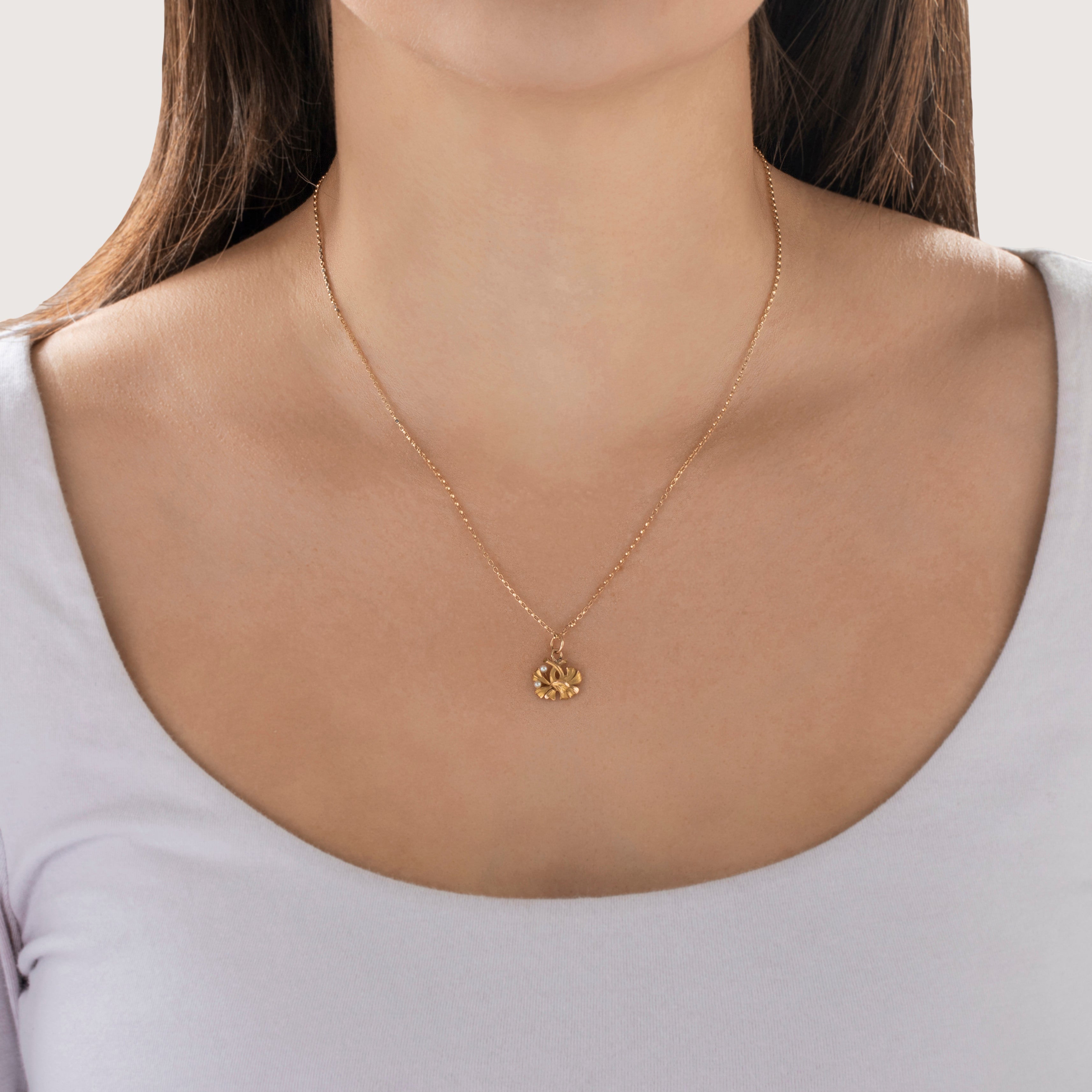 Vintage Small 14k Yellow & Rosy Yellow Gold Pearl Ginkgo Leaf Charm / Pendant - On model view