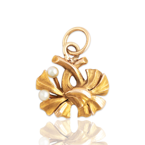 Vintage Small 14k Yellow & Rosy Yellow Gold Pearl Ginkgo Leaf Charm / Pendant