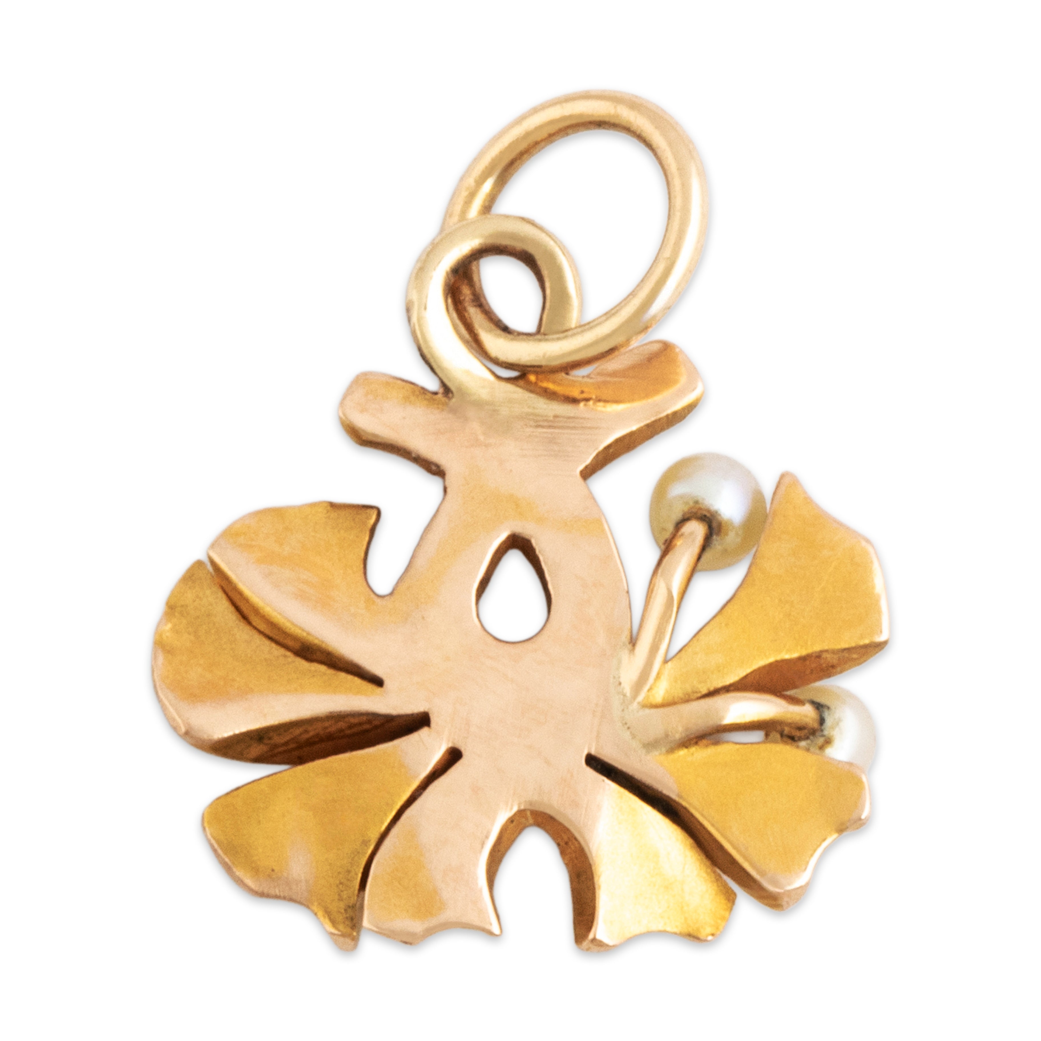 Vintage Small 14k Yellow & Rosy Yellow Gold Pearl Ginkgo Leaf Charm / Pendant - Back view