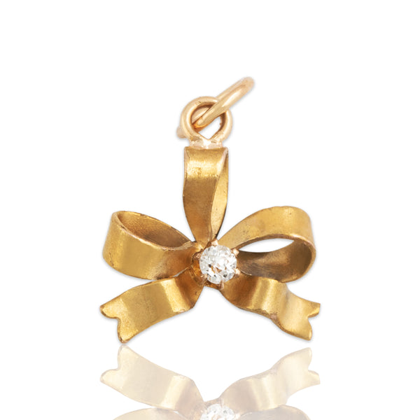 Antique Lightweight 14k Yellow Gold Old Mine Diamond Dainty Bow Charm / Pendant