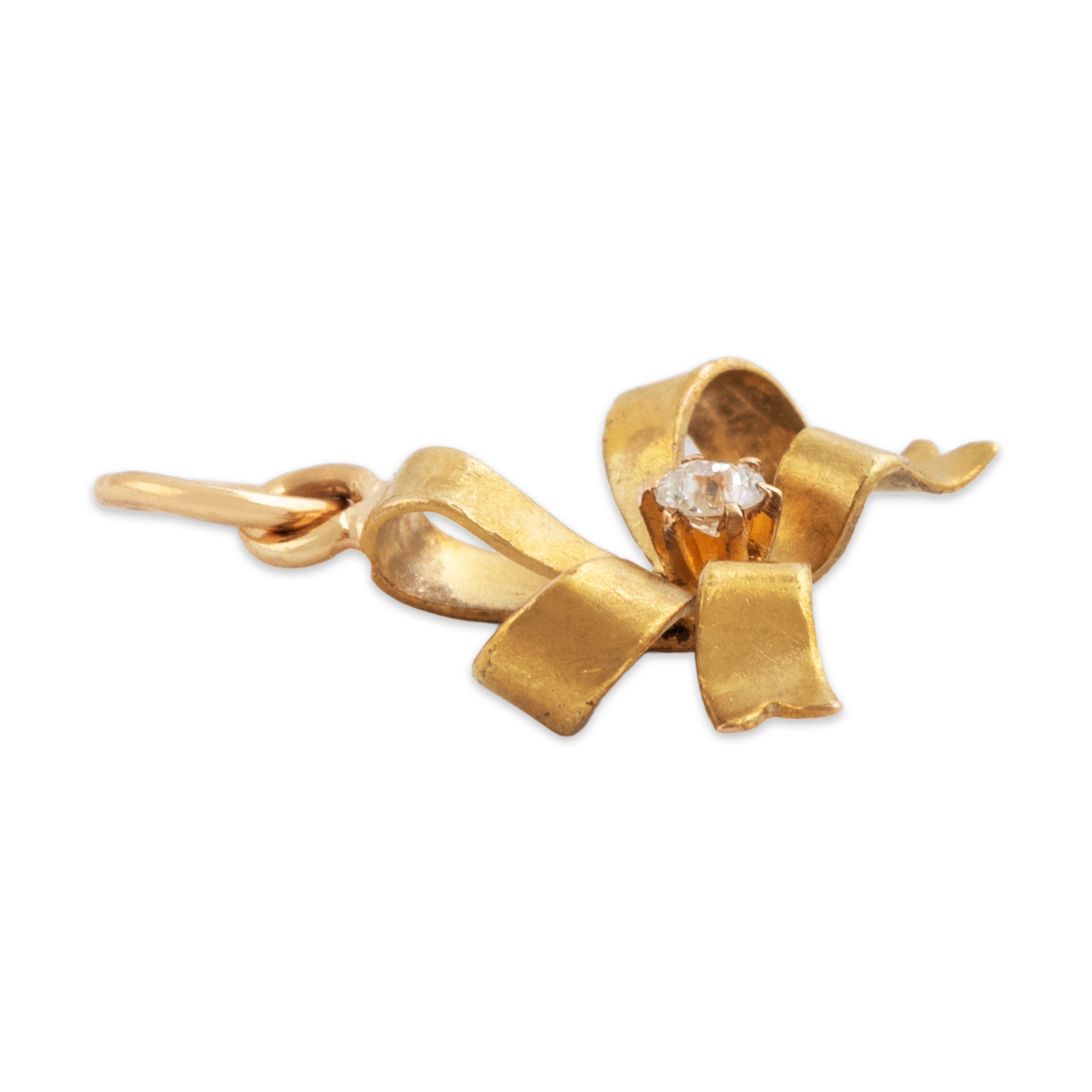 Antique Lightweight 14k Yellow Gold Old Mine Diamond Dainty Bow Charm / Pendant - Side view