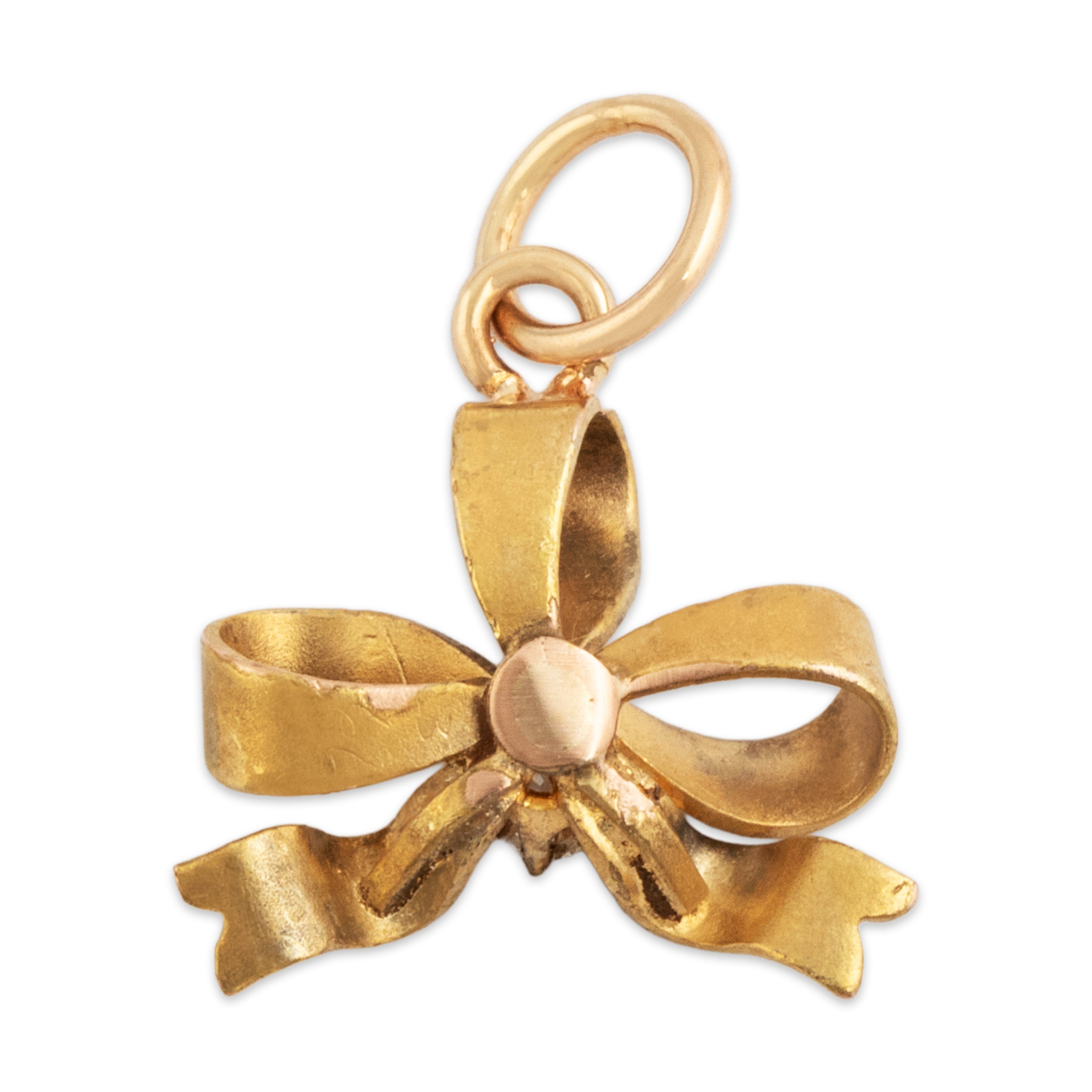 Antique Lightweight 14k Yellow Gold Old Mine Diamond Dainty Bow Charm / Pendant - Overall view