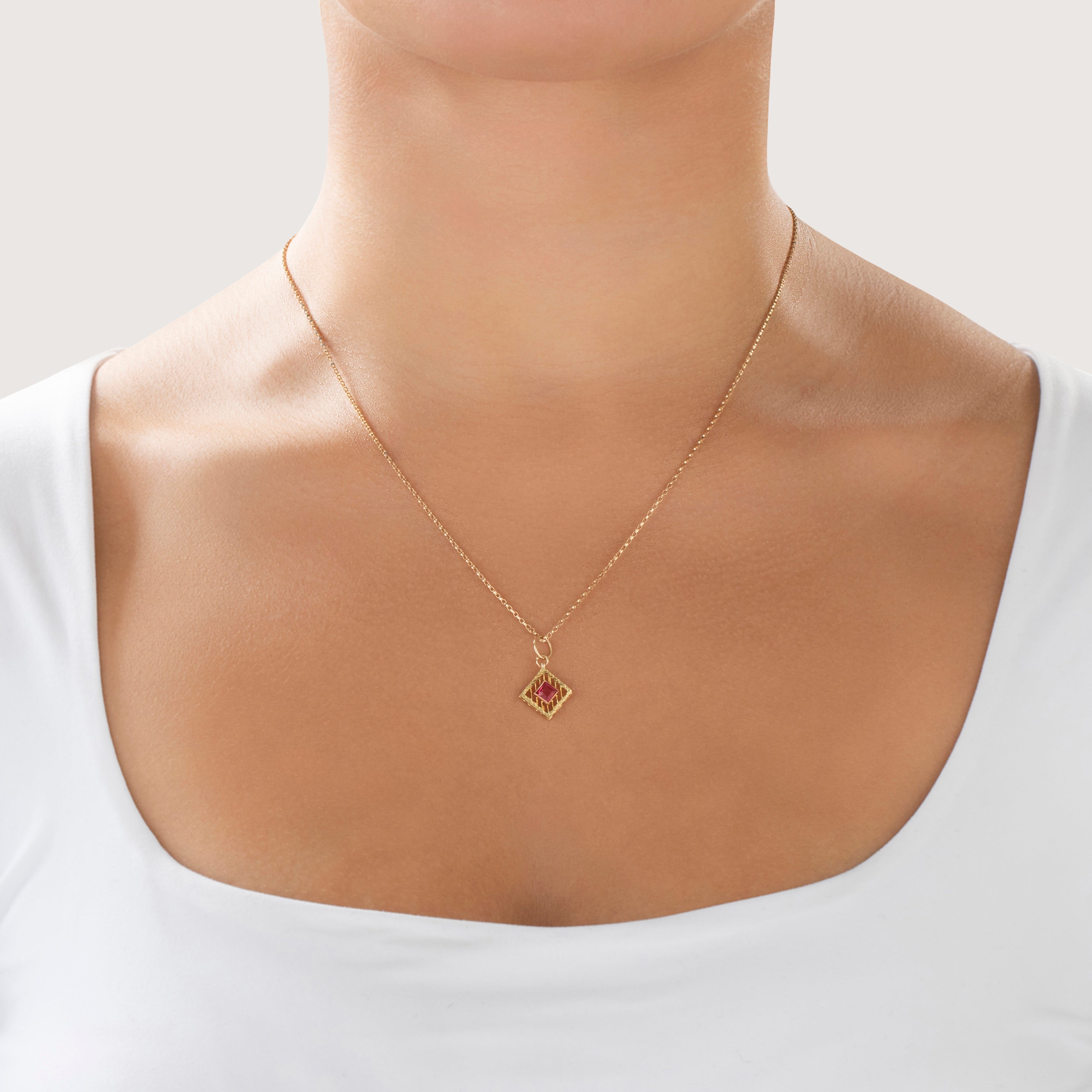 Antique 14k Yellow Gold Pink Glass Open Detail Square-Set Charm / Pendant - On model view