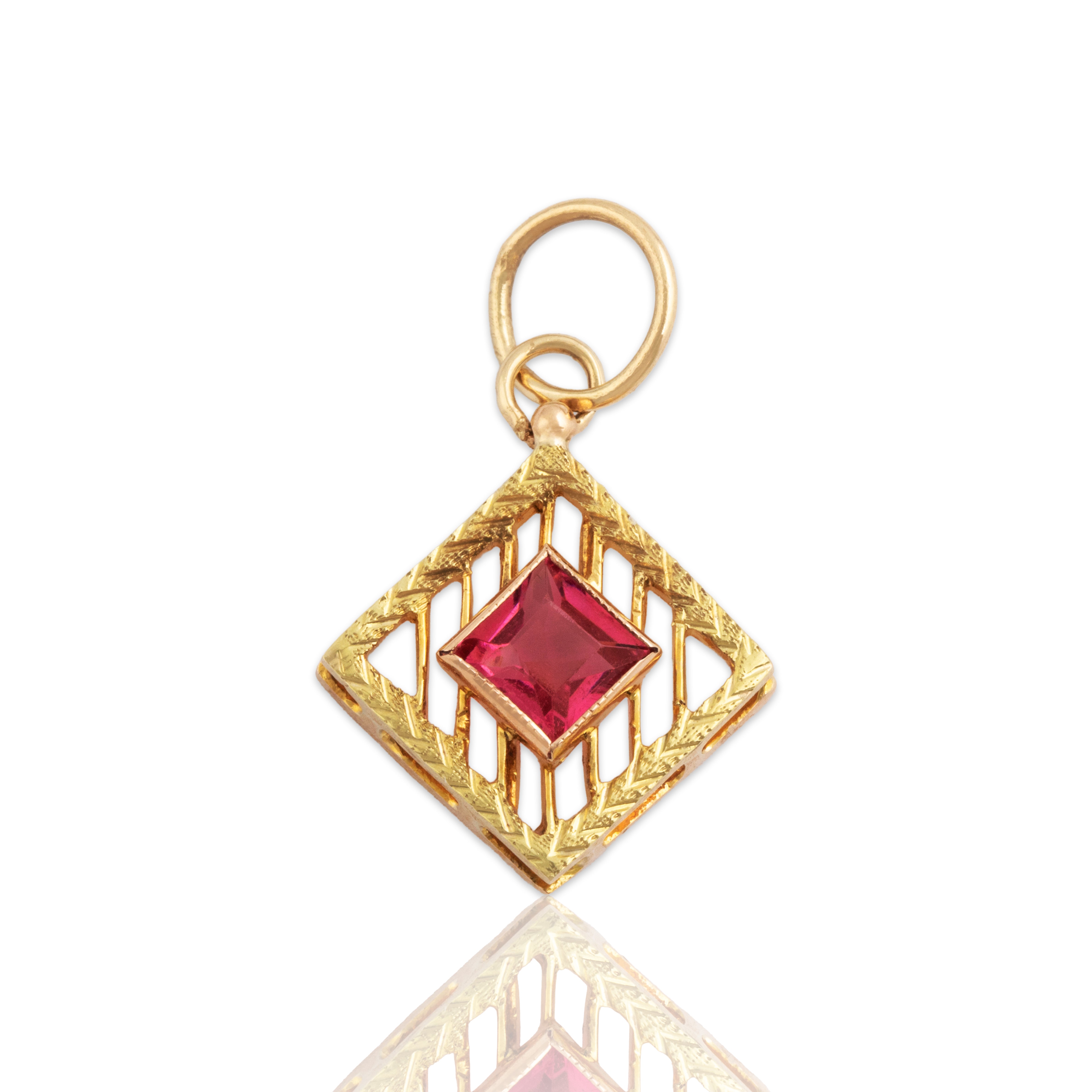 Antique 14k Yellow Gold Pink Glass Open Detail Square-Set Charm / Pendant - Close-up view