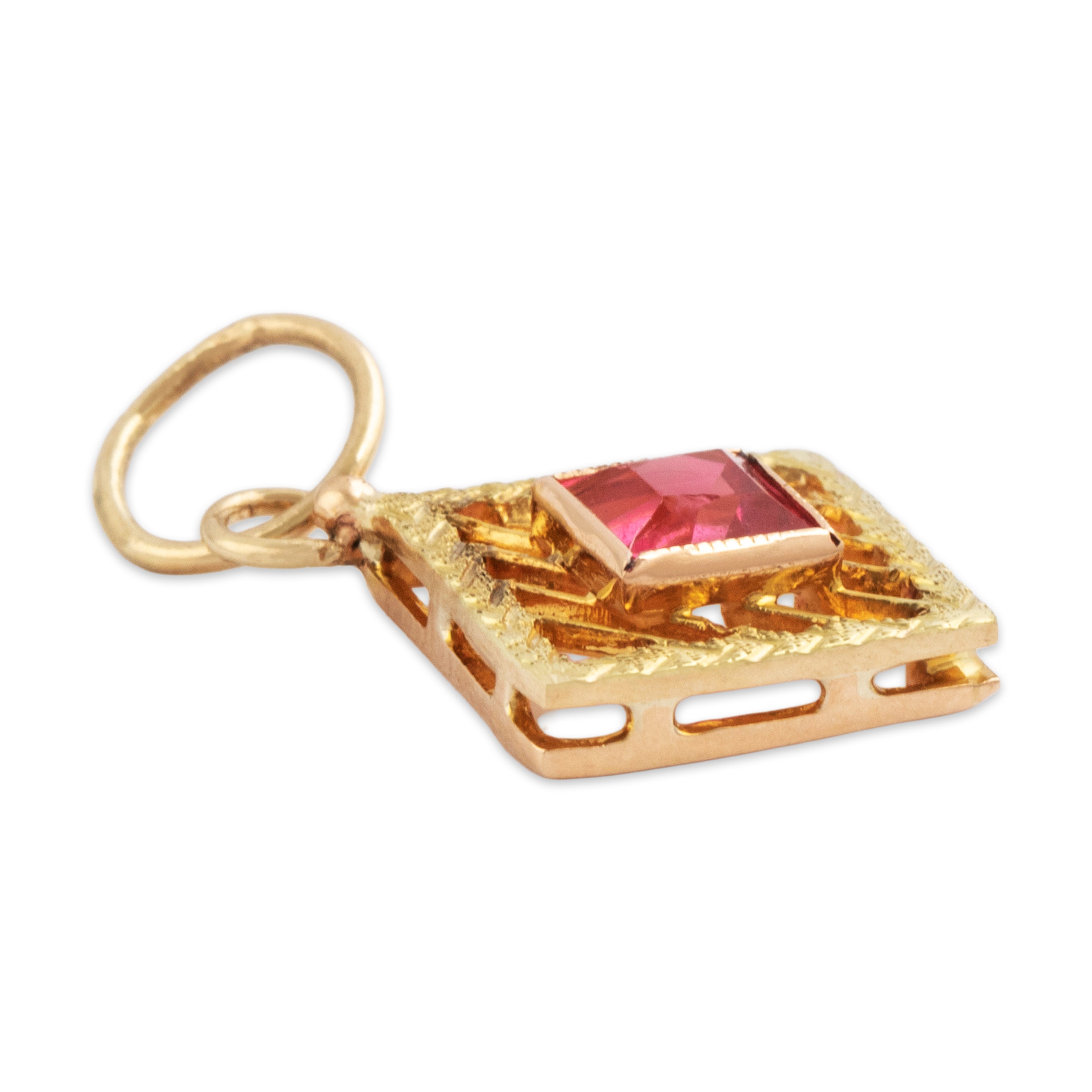 Antique 14k Yellow Gold Pink Glass Open Detail Square-Set Charm / Pendant - Side view