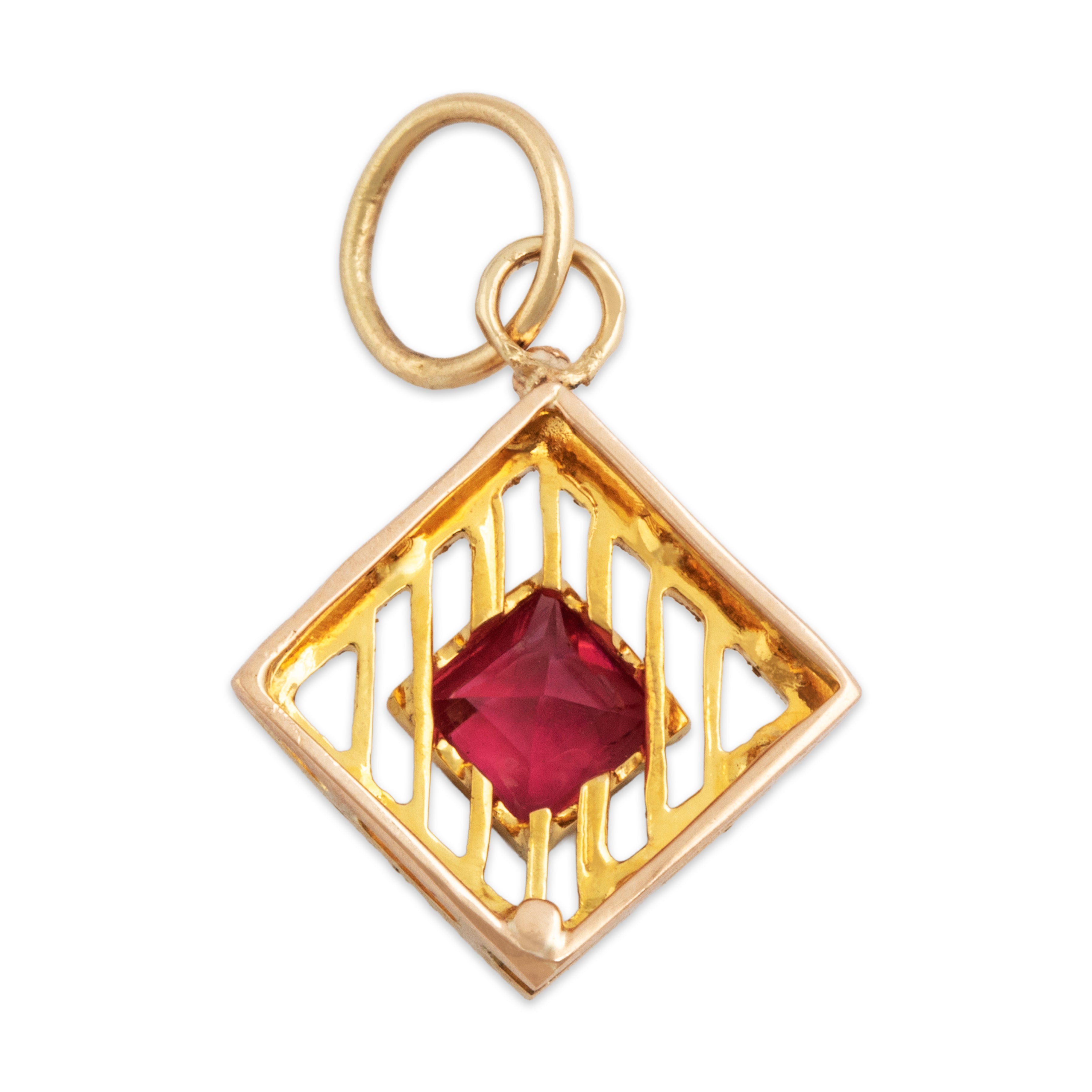 Antique 14k Yellow Gold Pink Glass Open Detail Square-Set Charm / Pendant - Back view
