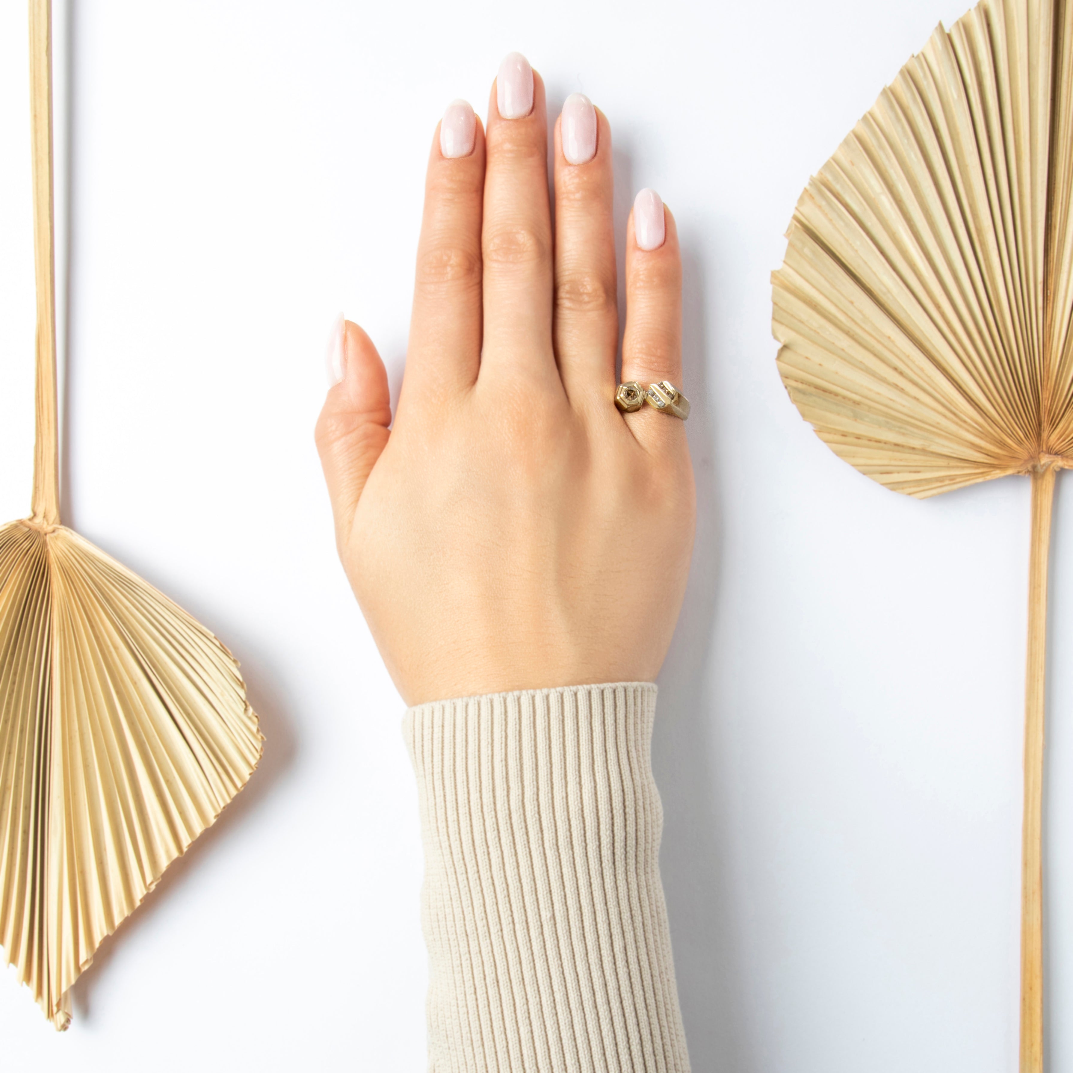 Vintage 14k Yellow Gold Champagne & White Diamond Hexagonal Statement Ring - On model view