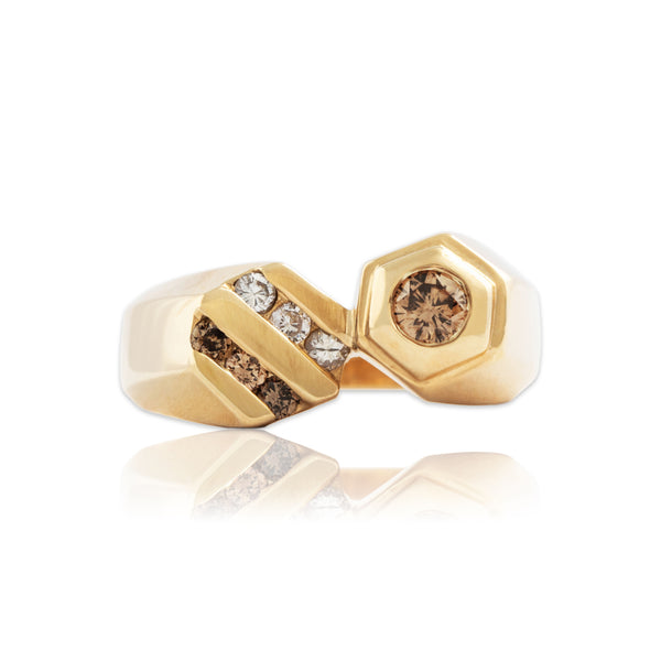 Vintage 14k Yellow Gold Champagne & White Diamond Hexagonal Statement Ring 6.25