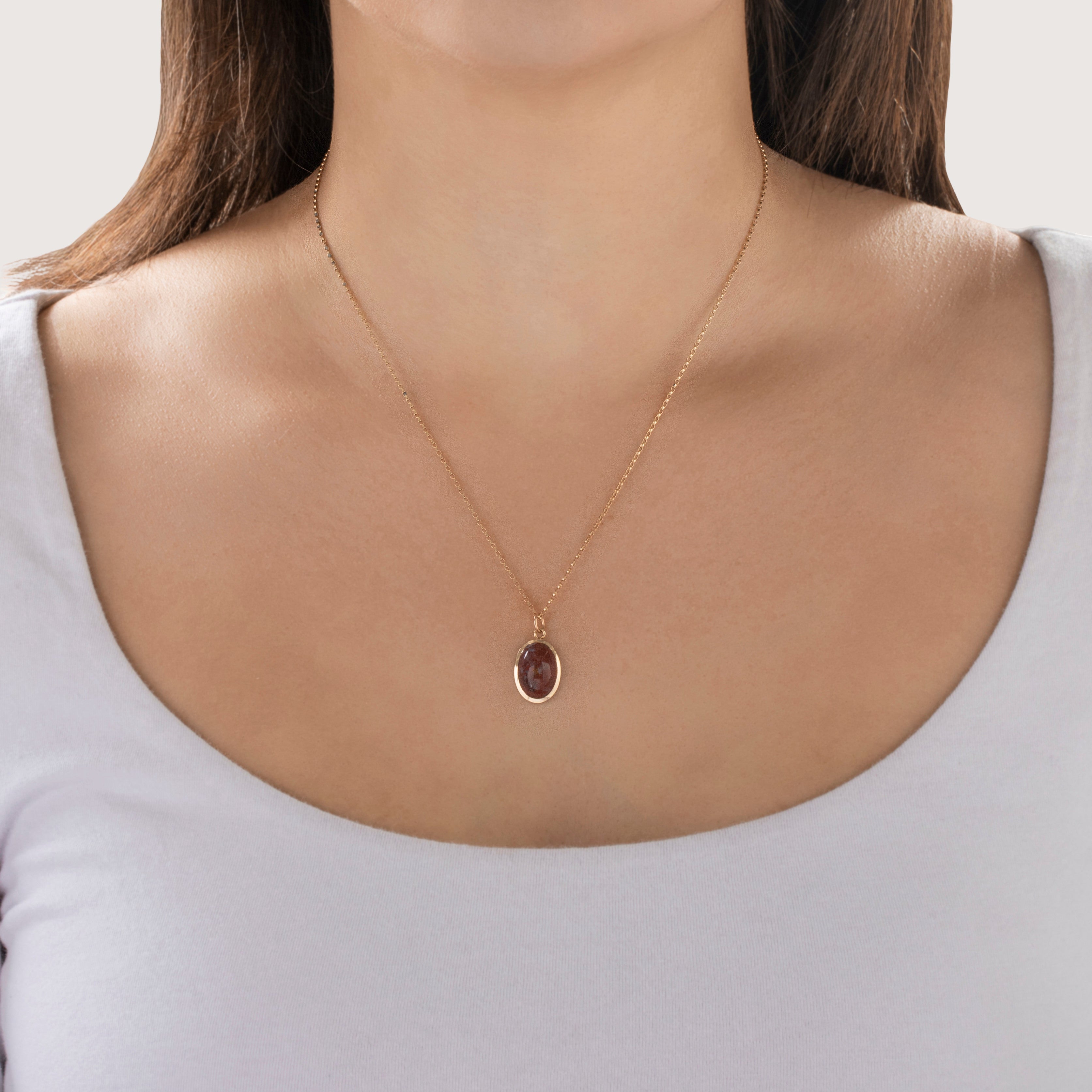 Antique 14k Yellow Gold 6ct Red Moss Agate Naturalistic Cabochon Charm / Pendant - On model view