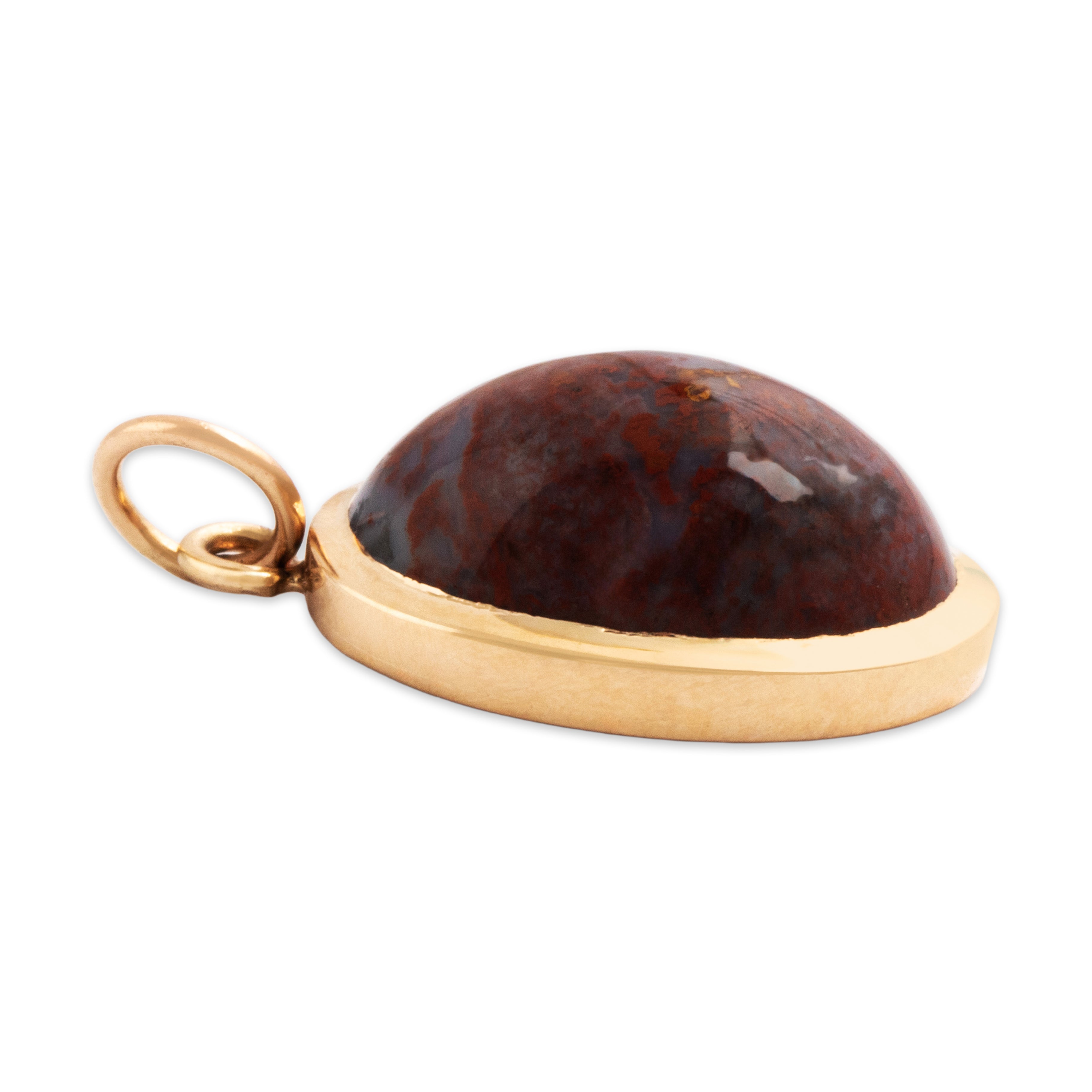 Antique 14k Yellow Gold 6ct Red Moss Agate Naturalistic Cabochon Charm / Pendant - Side view
