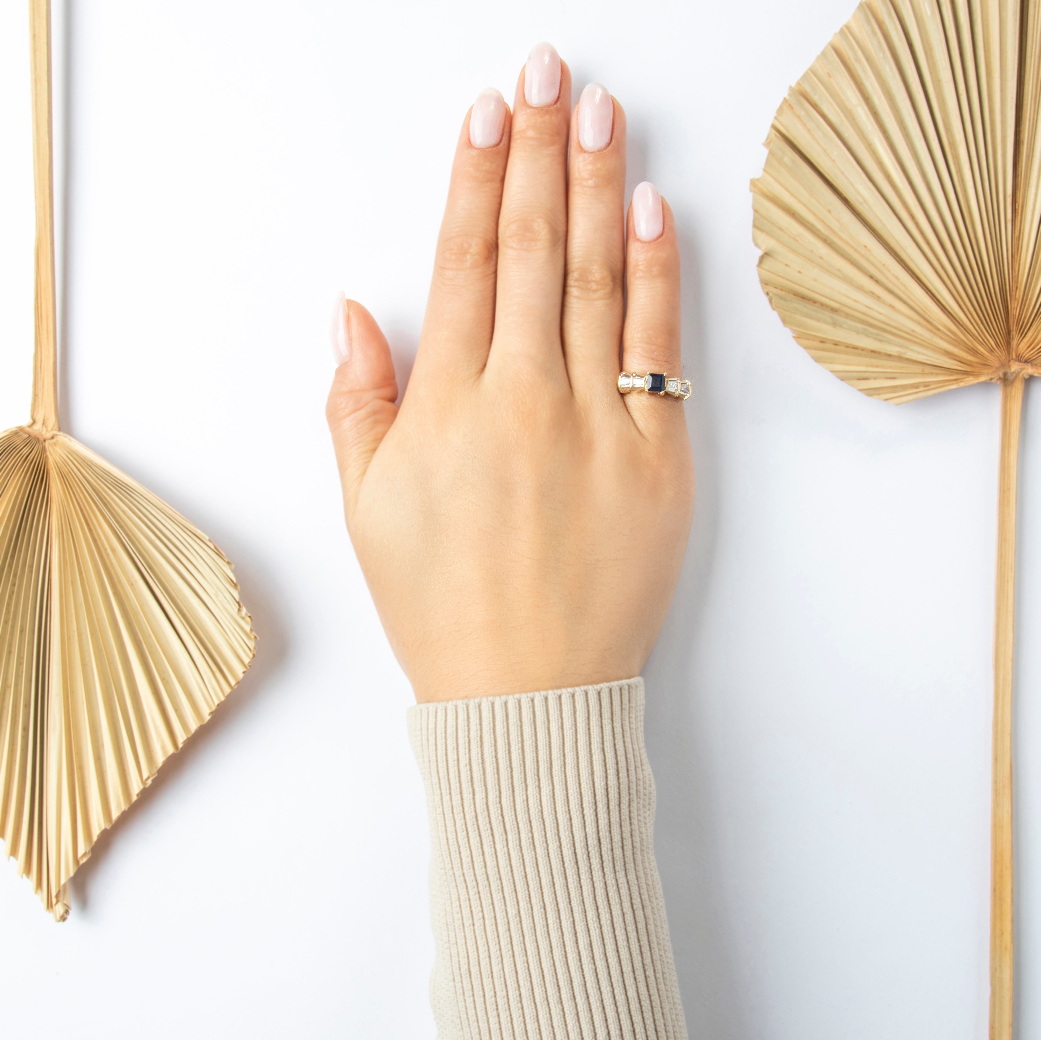 Vintage 14k Yellow & White Gold Sapphire Diamond Step Shoulder Ring - On model view