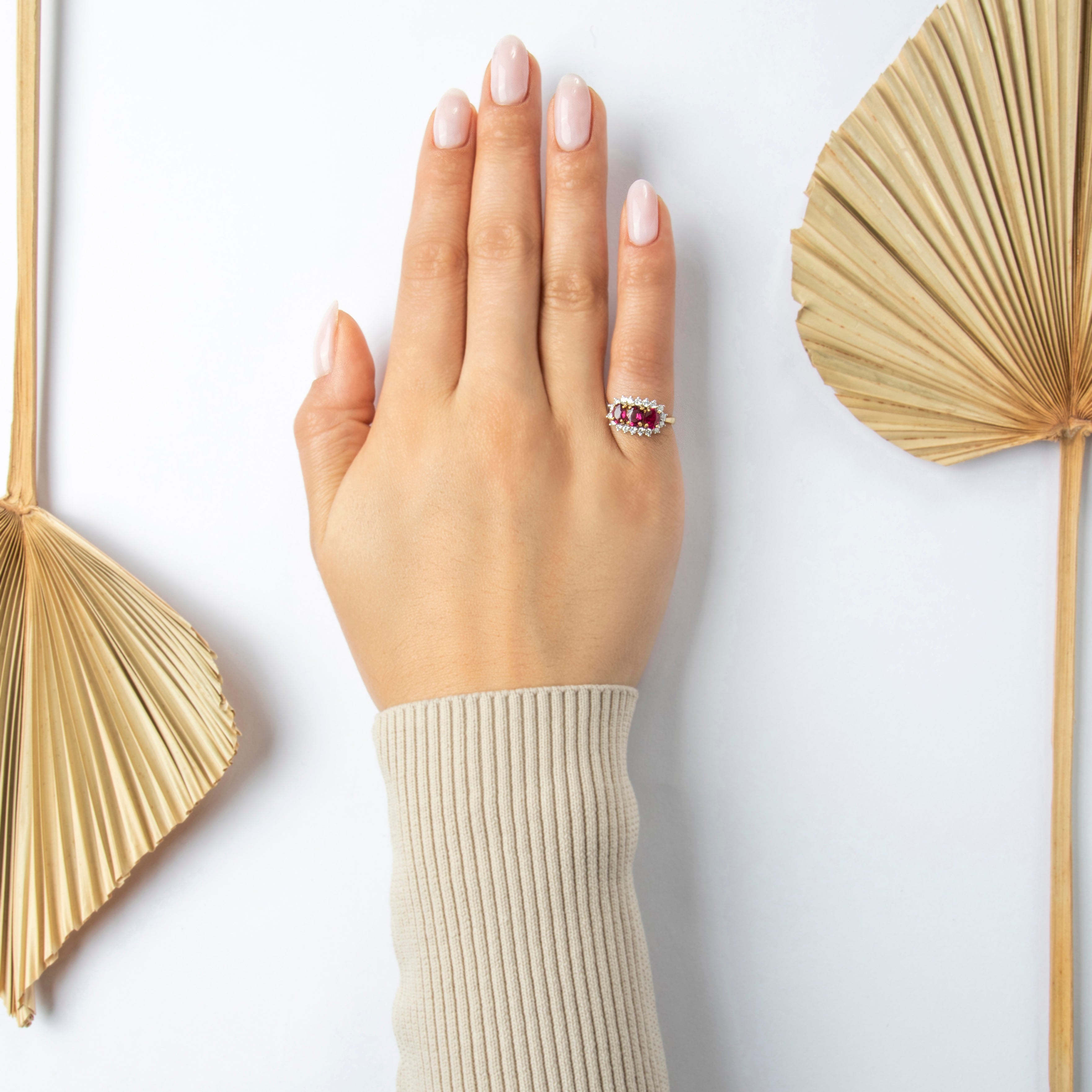 Vintage 18k Yellow & White Gold 1.1cttw Ruby Diamond Oval Trio Halo Ring - On model view