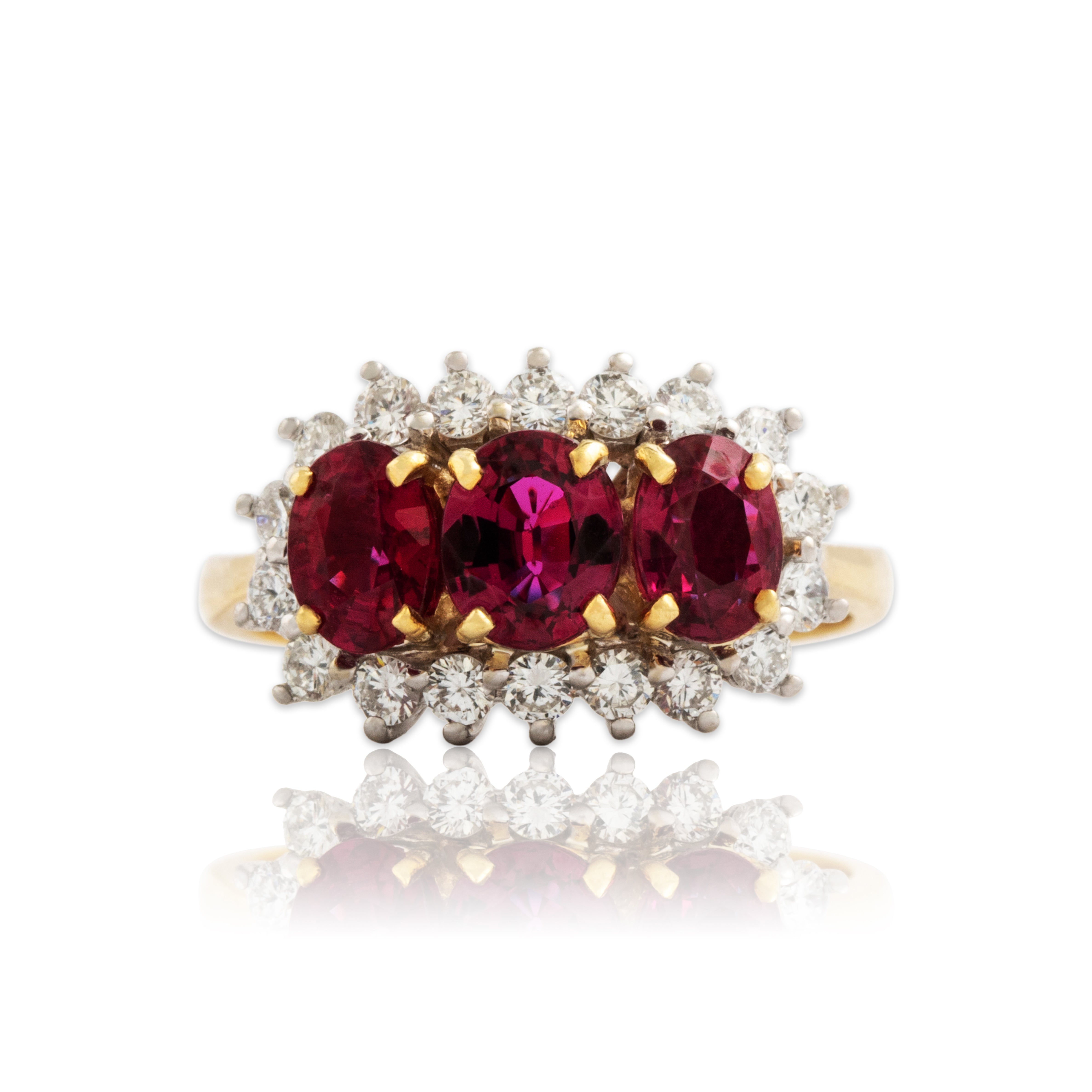 Vintage 18k Yellow & White Gold 1.1cttw Ruby Diamond Oval Trio Halo Ring 4.50