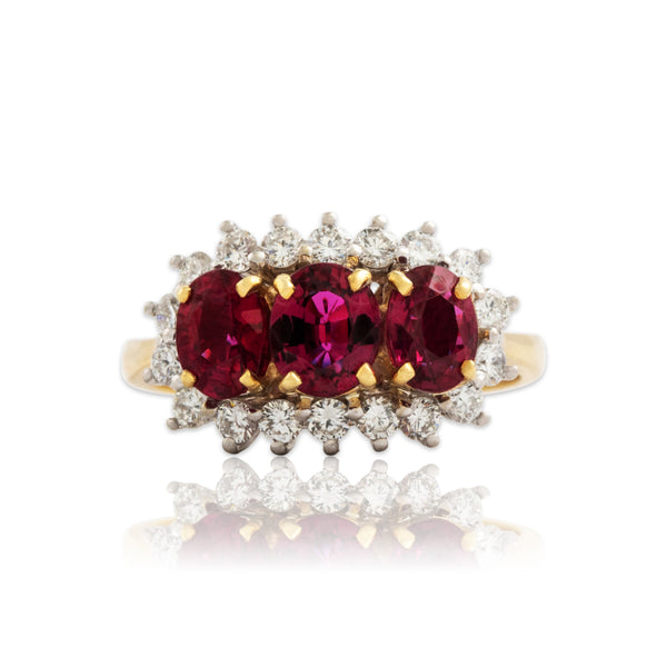 Vintage 18k Yellow & White Gold 1.1cttw Ruby Diamond Oval Trio Halo Ring 4.50