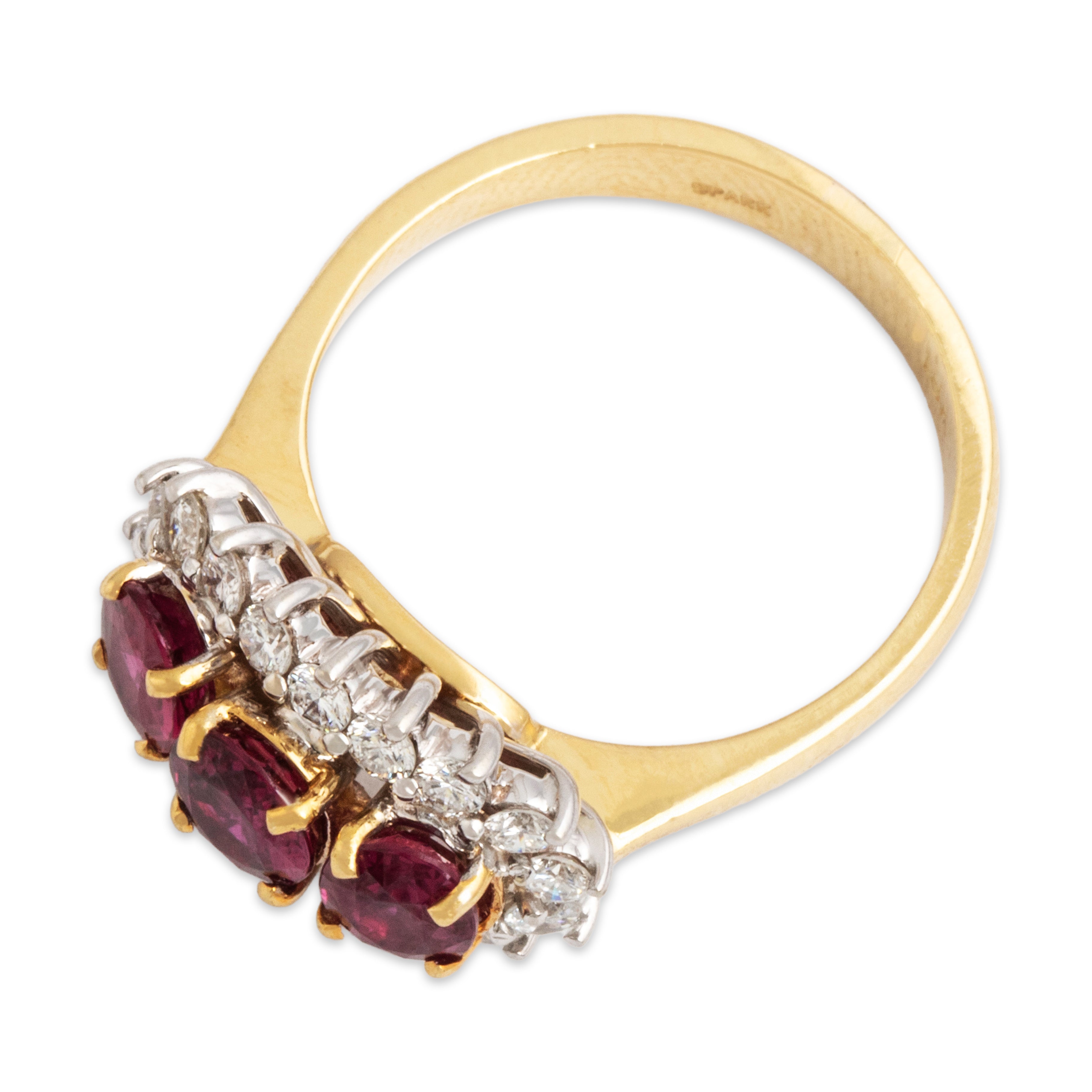 Vintage 18k Yellow & White Gold 1.1cttw Ruby Diamond Oval Trio Halo Ring - Overall view