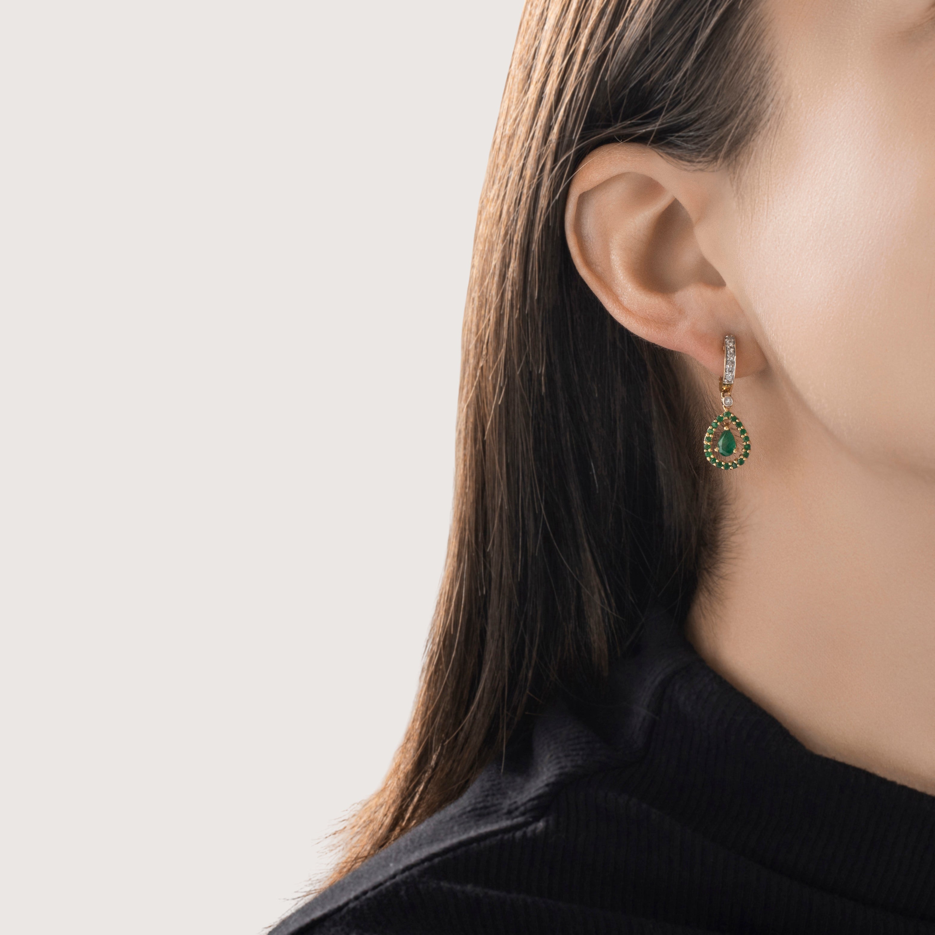 Vintage 14k Yellow Gold 1cttw Emerald Diamond Vibrant Pear Halo Dangle Earrings - On model view