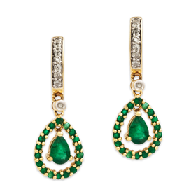 Vintage 14k Yellow Gold 1cttw Emerald Diamond Vibrant Pear Halo Dangle Earrings
