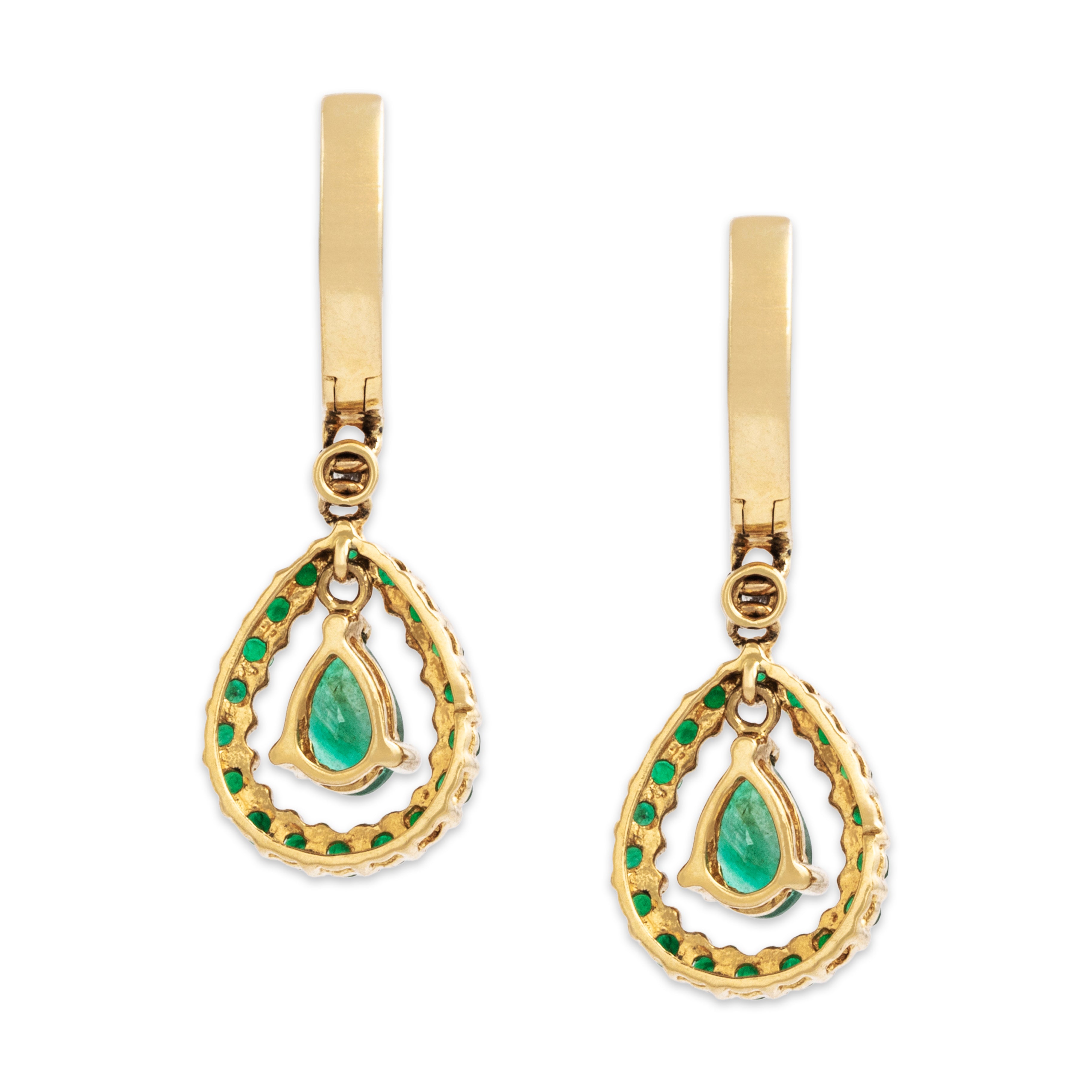 Vintage 14k Yellow Gold 1cttw Emerald Diamond Vibrant Pear Halo Dangle Earrings - Back view