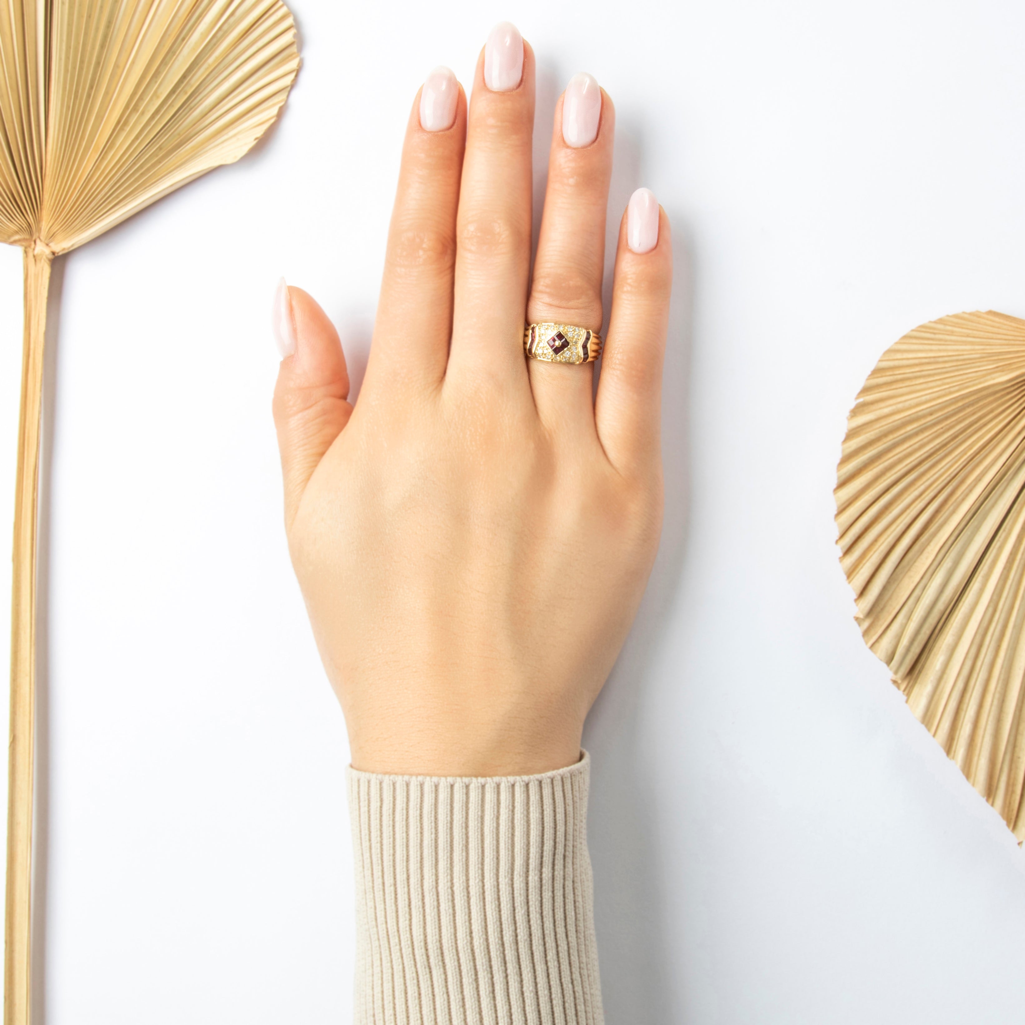 Vintage 14k Yellow Gold Ruby Diamond Wavy Border Band Ring - On model view