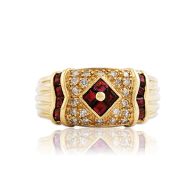 Vintage 14k Yellow Gold Ruby Diamond Ribbed Decorated Wide Ring 7.00