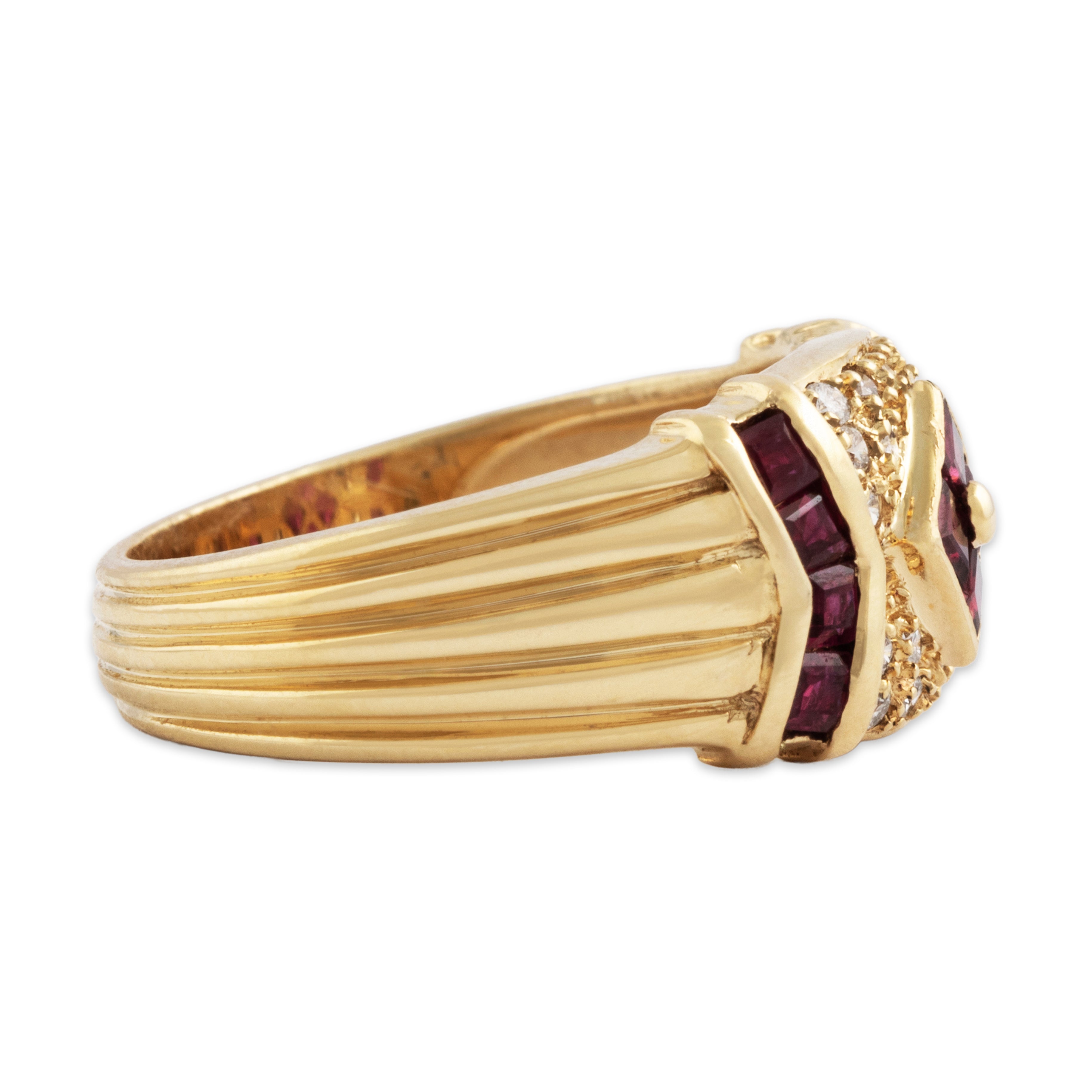 Vintage 14k Yellow Gold Ruby Diamond Wavy Border Band Ring - Side view