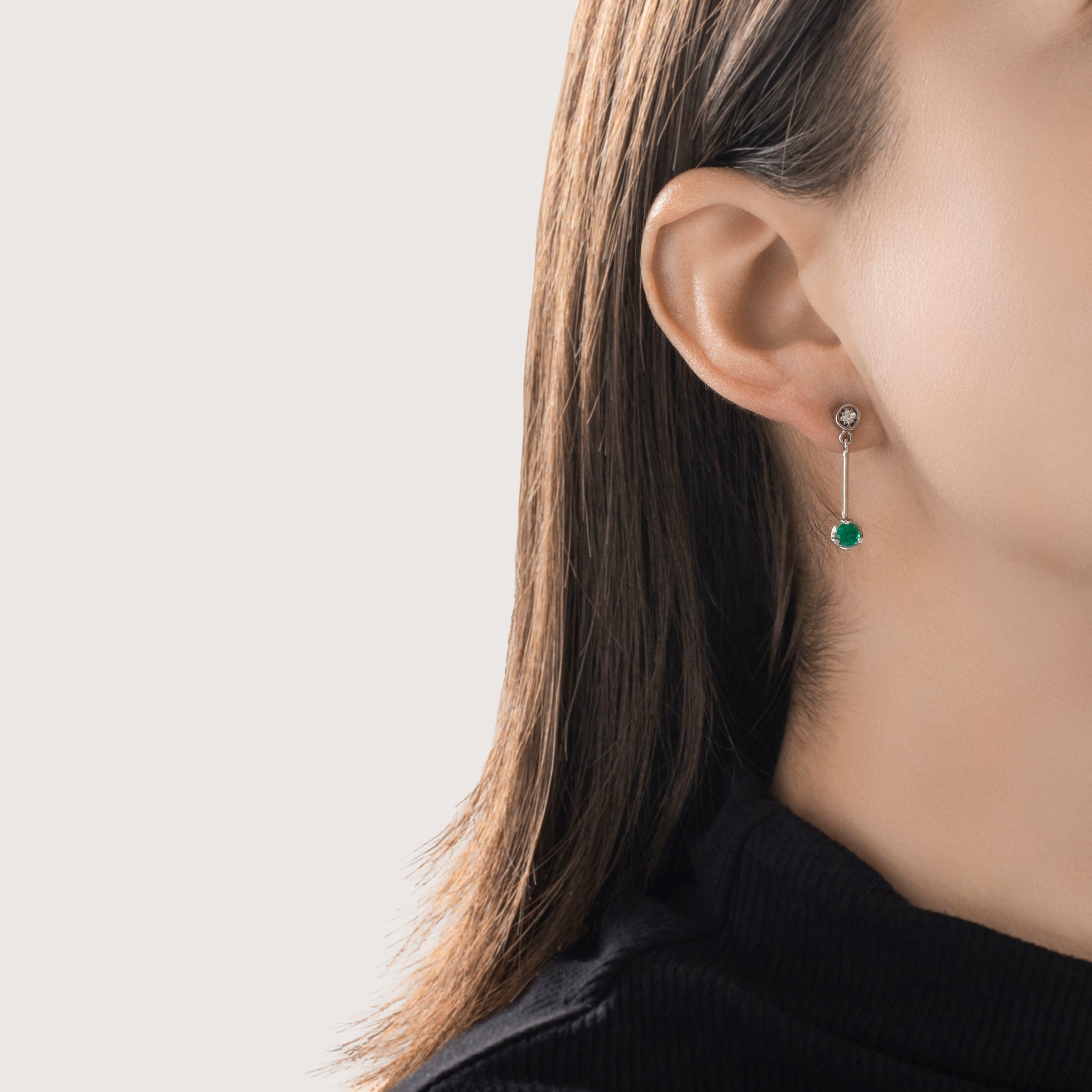 Vintage 18k White Gold Emerald Diamond Bold Round Drop Dangle Earrings - On model view