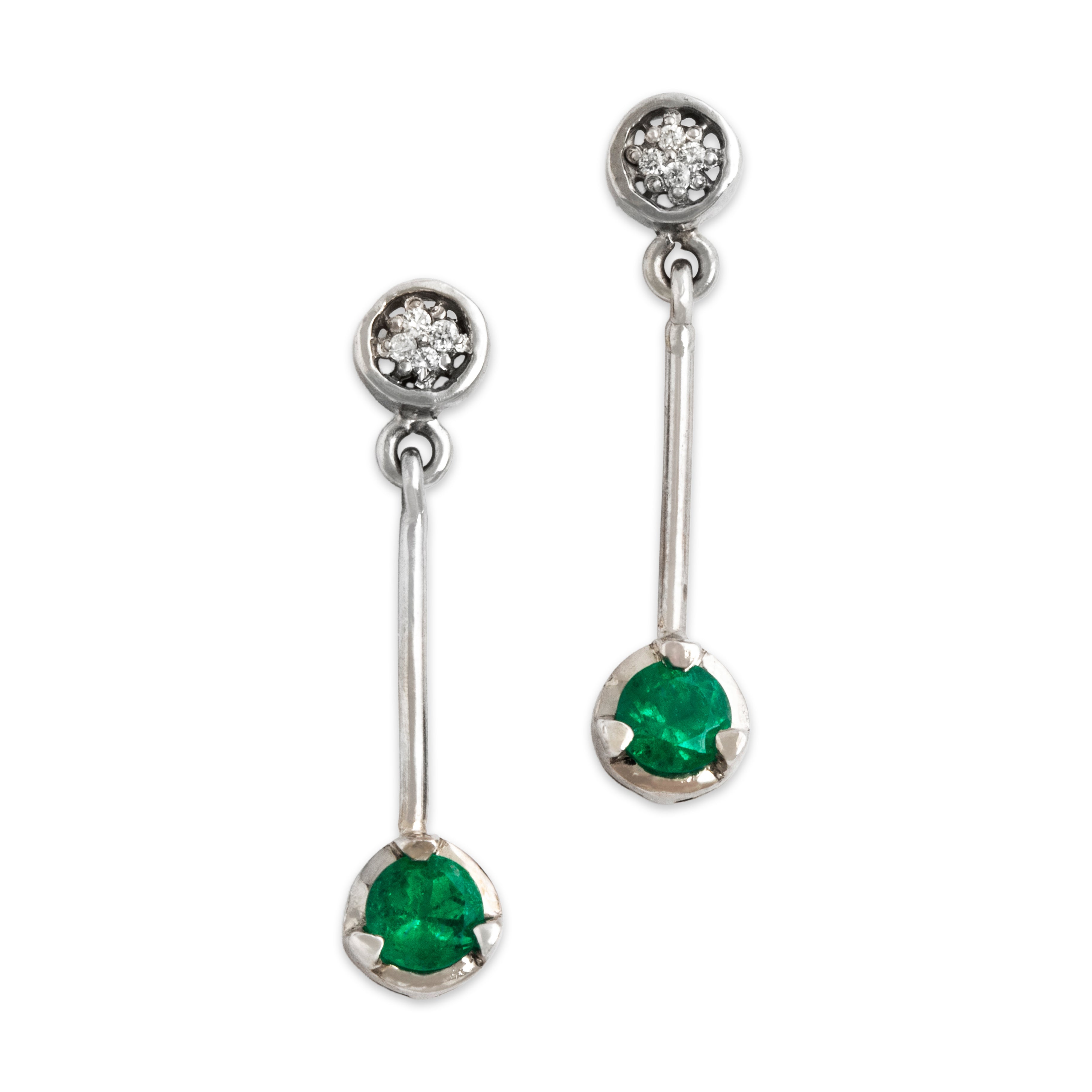 Vintage 18k White Gold Emerald Diamond Bold Round Drop Dangle Earrings - Close-up view