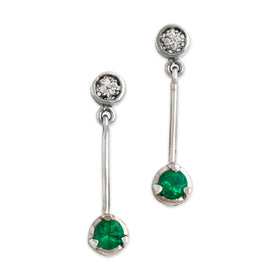 Vintage 18k White Gold Emerald Diamond Elegant Round Drop Earrings