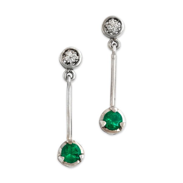 Vintage 18k White Gold Emerald Diamond Elegant Round Drop Earrings