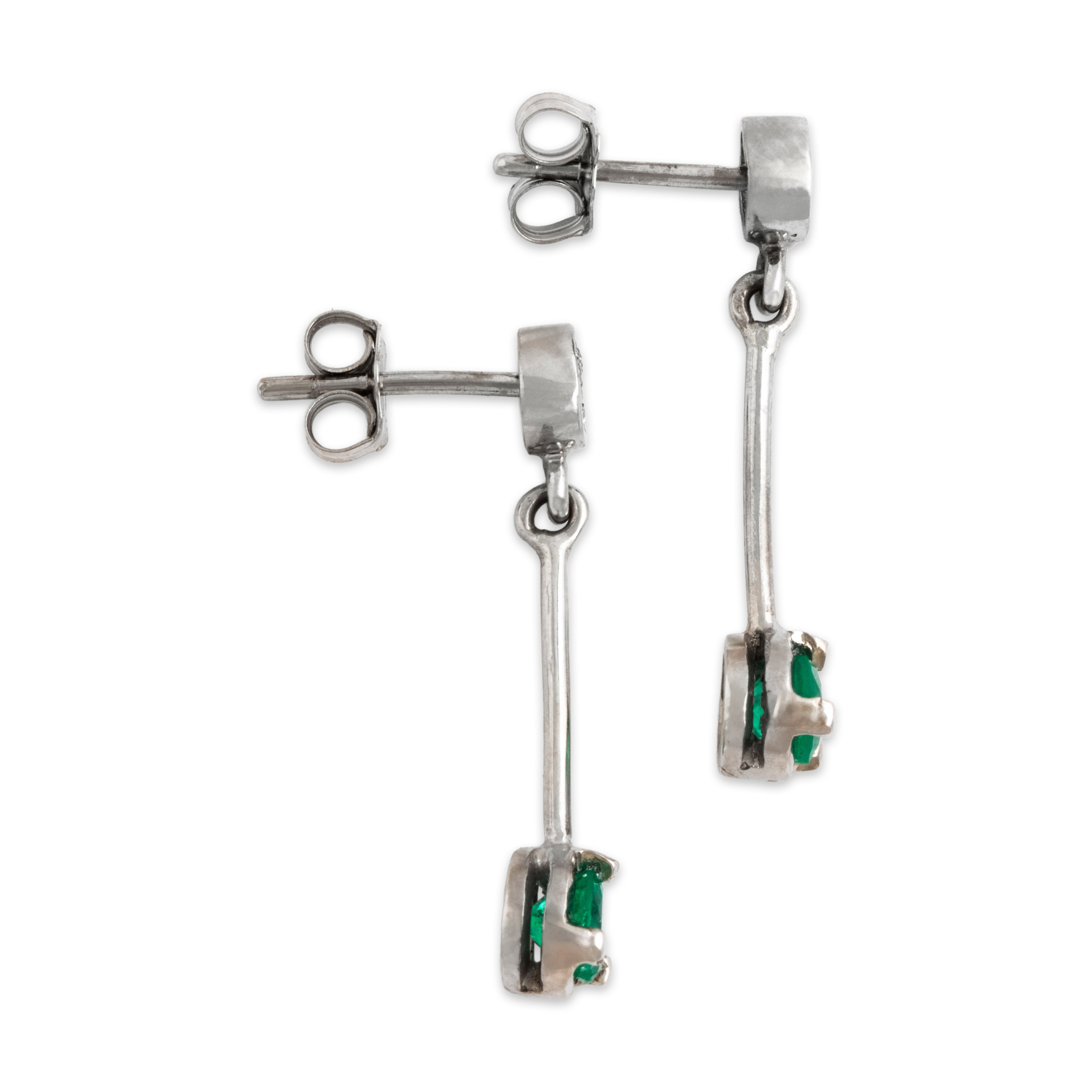 Vintage 18k White Gold Emerald Diamond Bold Round Drop Dangle Earrings - Side view