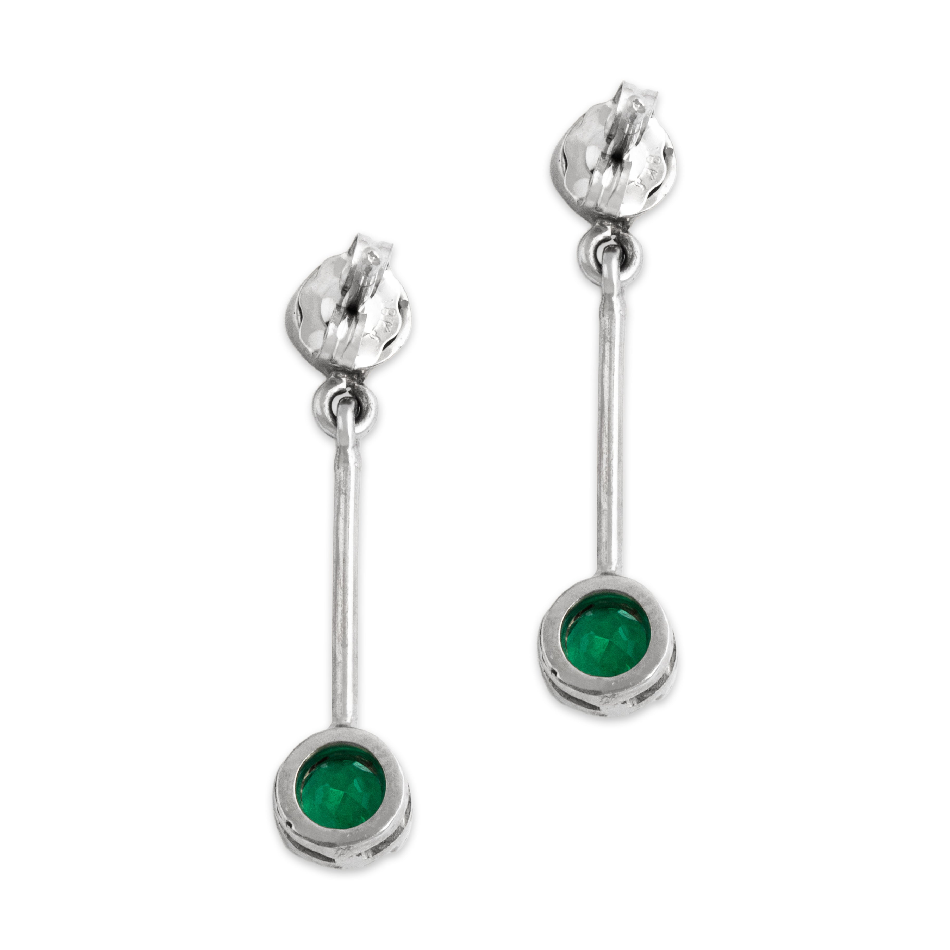Vintage 18k White Gold Emerald Diamond Elegant Round Drop Earrings