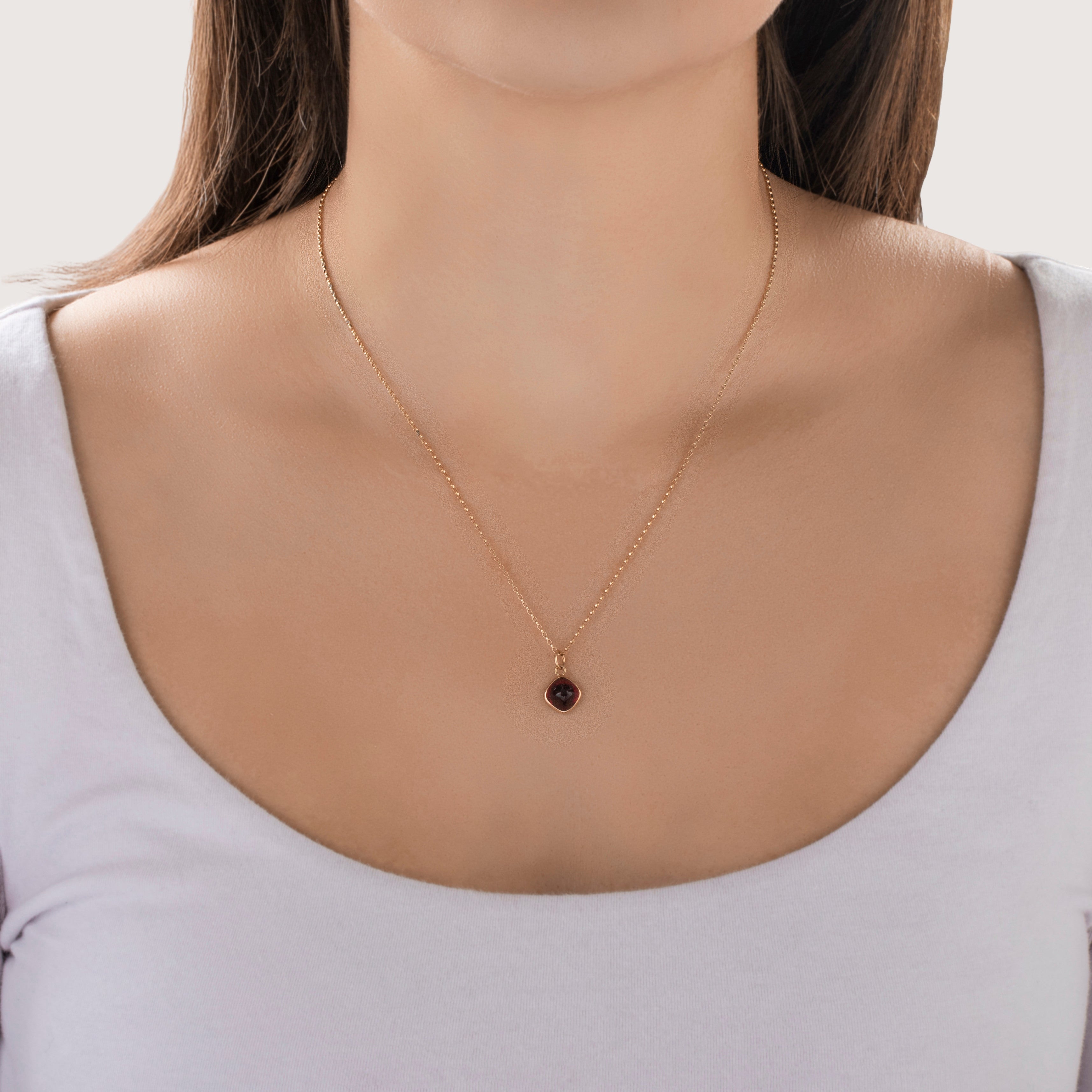 Vintage 14k Rosy Yellow Gold 3.3ct Garnet Domed Cabochon Charm / Pendant - On model view