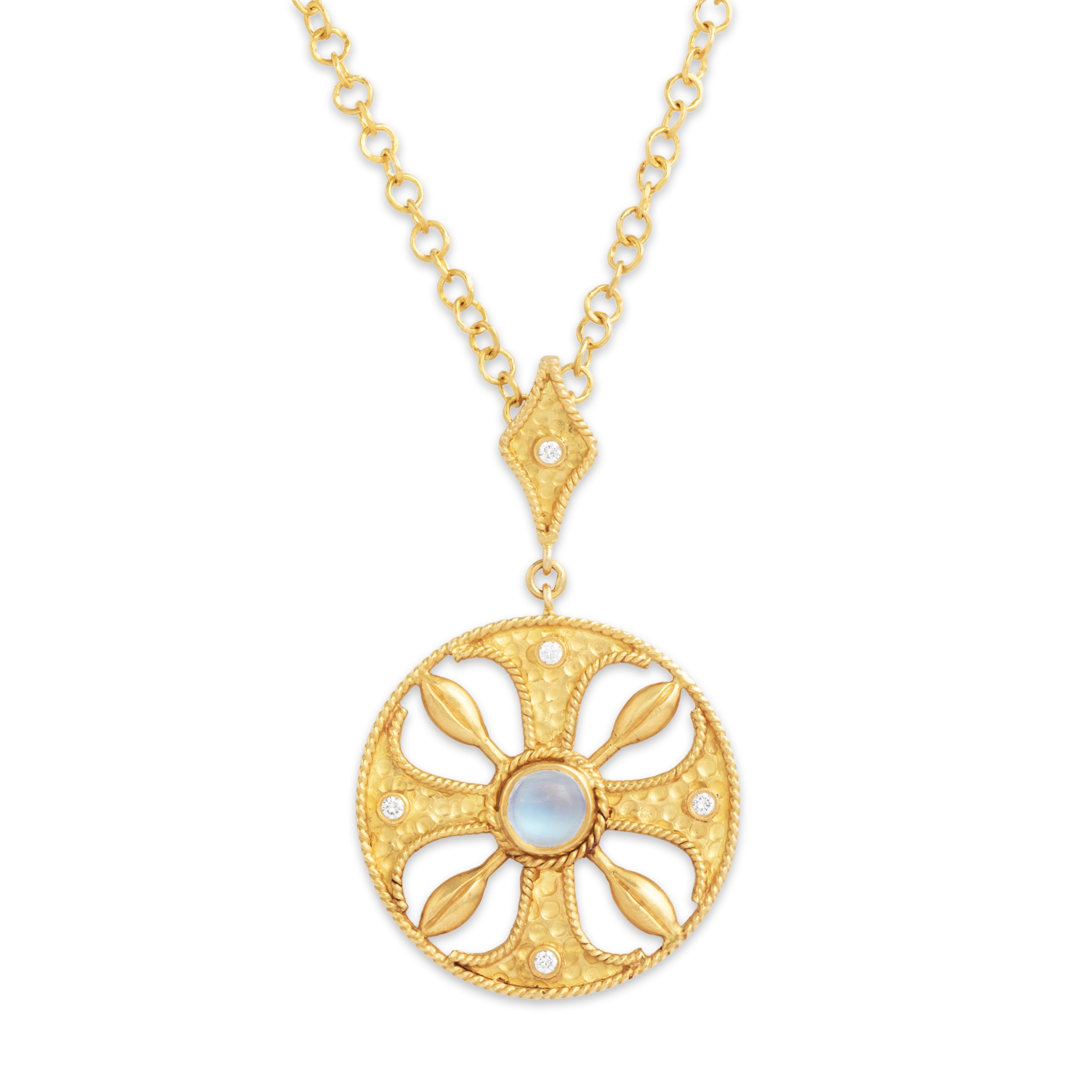 Vintage 18k Yellow Gold Moonstone Diamond Stellar Satin Medallion Necklace - detail view #1