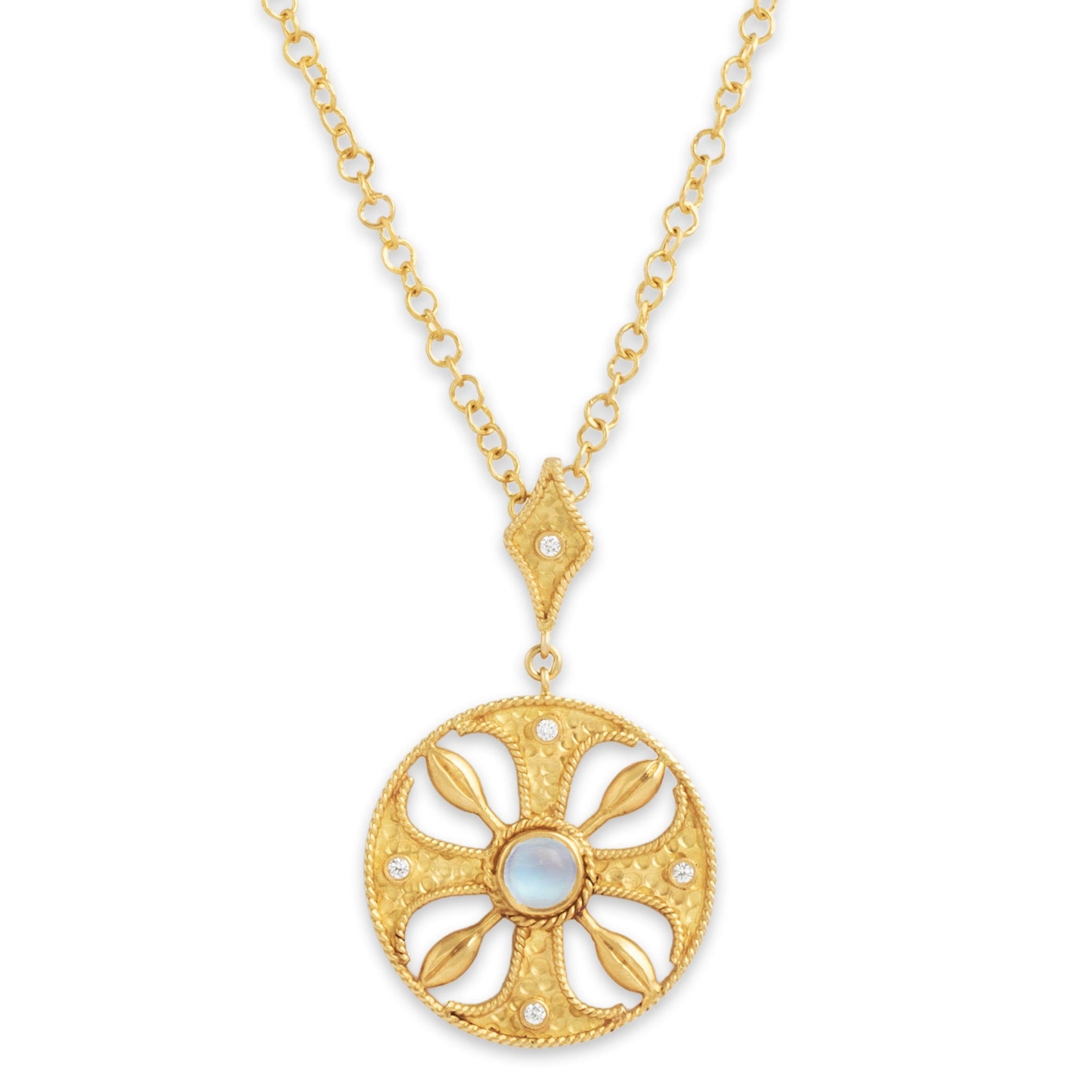 Vintage 18k Yellow Gold Moonstone Diamond Stellar Satin Medallion Necklace - Close-up view