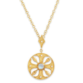 Vintage 18k Yellow Gold Moonstone Diamond Satin Medallion Necklace 16.25"