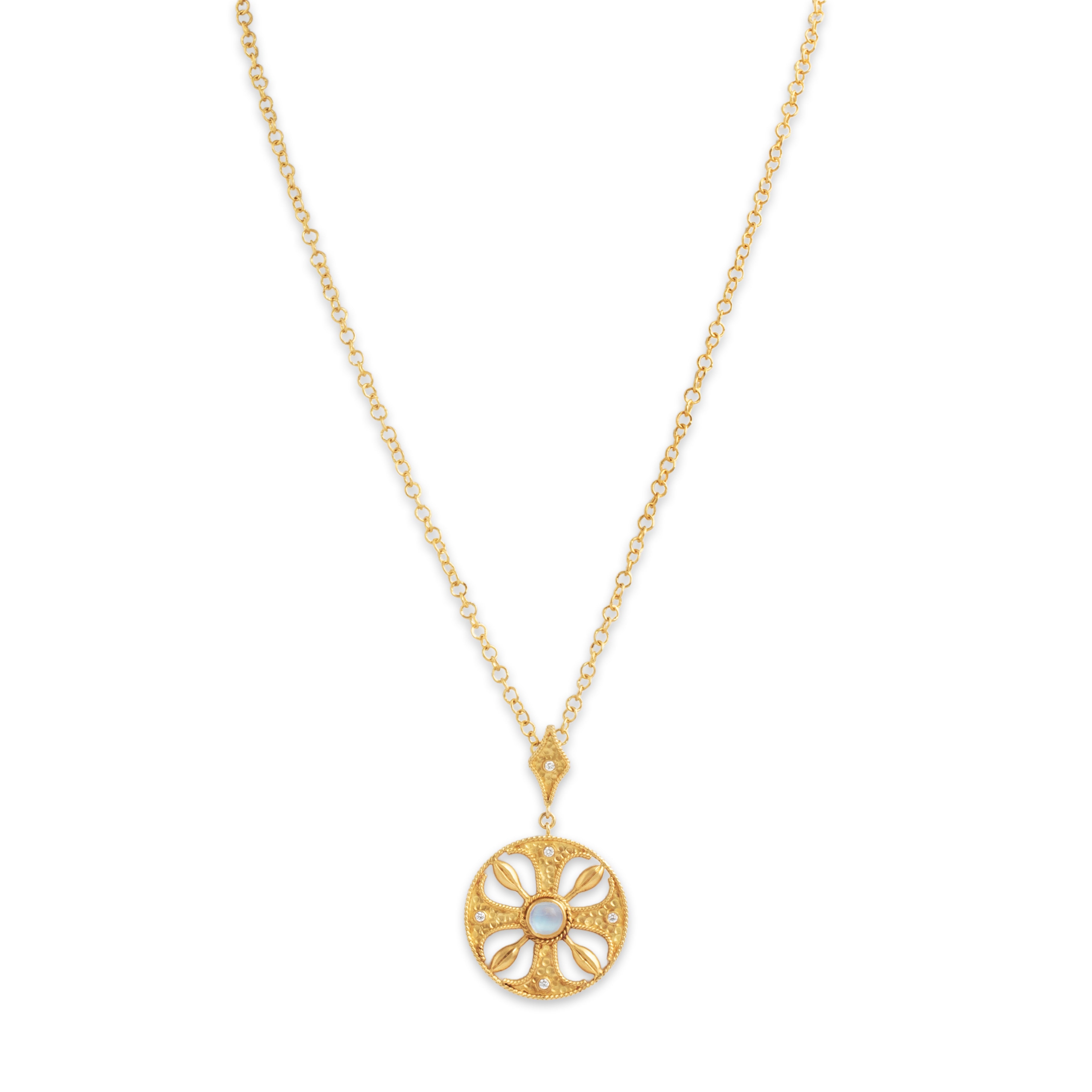 Vintage 18k Yellow Gold Moonstone Diamond Stellar Satin Medallion Necklace - detail view #2