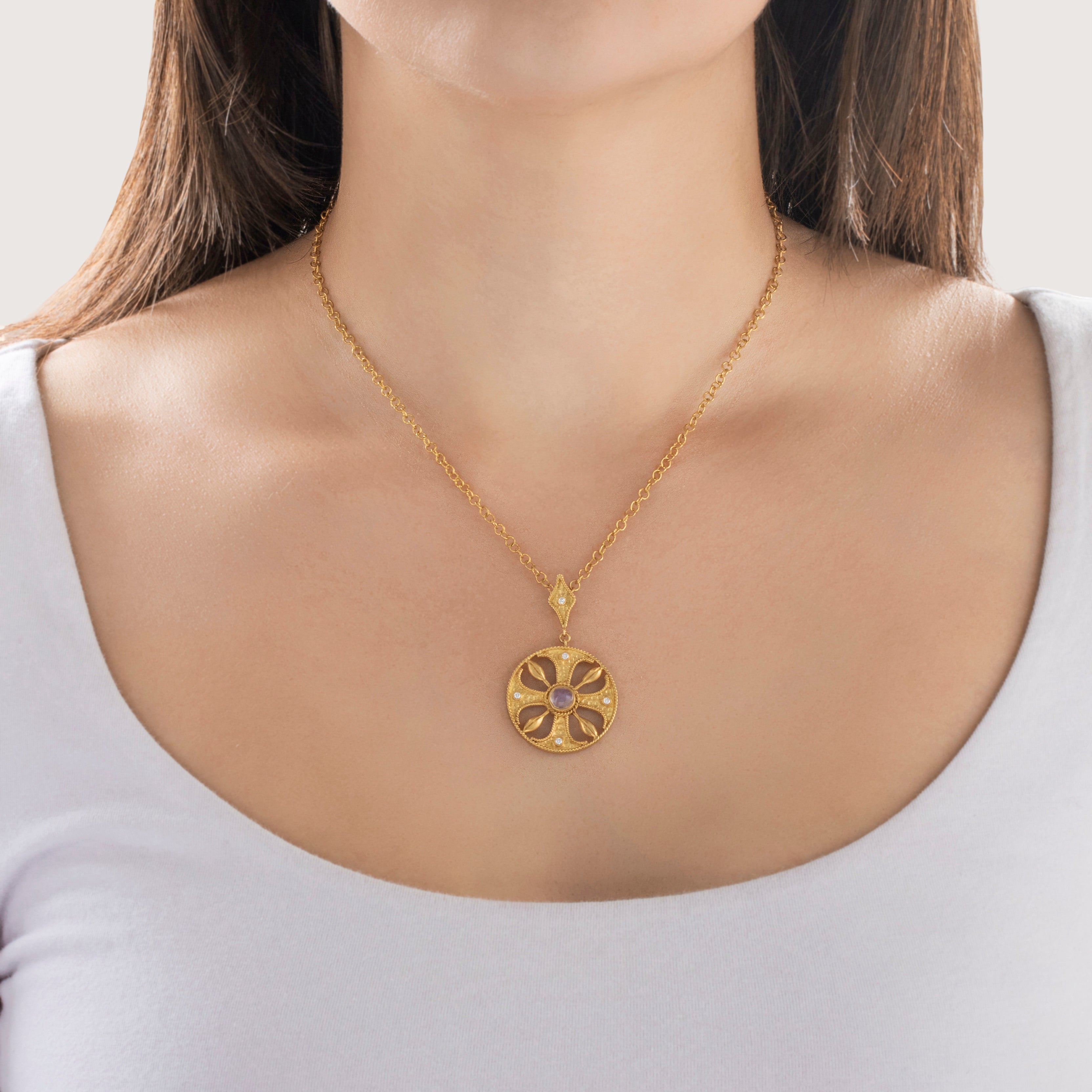 Vintage 18k Yellow Gold Moonstone Diamond Stellar Satin Medallion Necklace - On model view