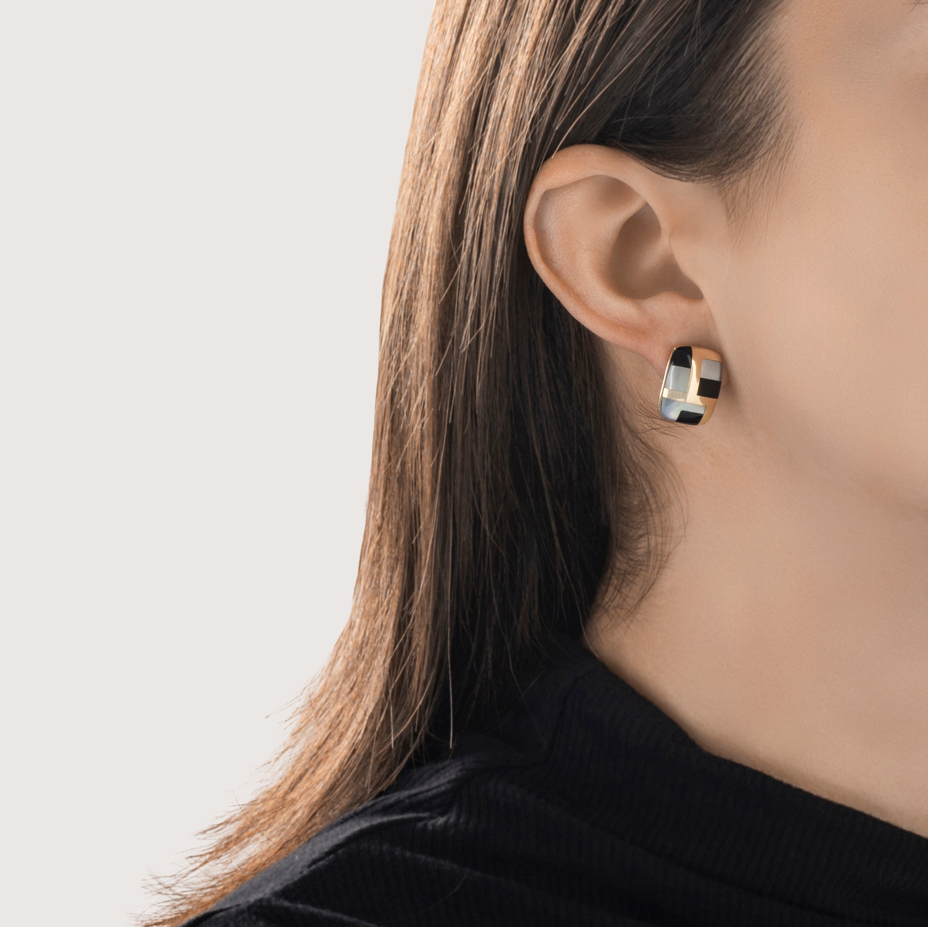 Vintage Asch Grossbardt 14k Yellow Gold Multistone Inlay Chic Clip Earrings - On model view