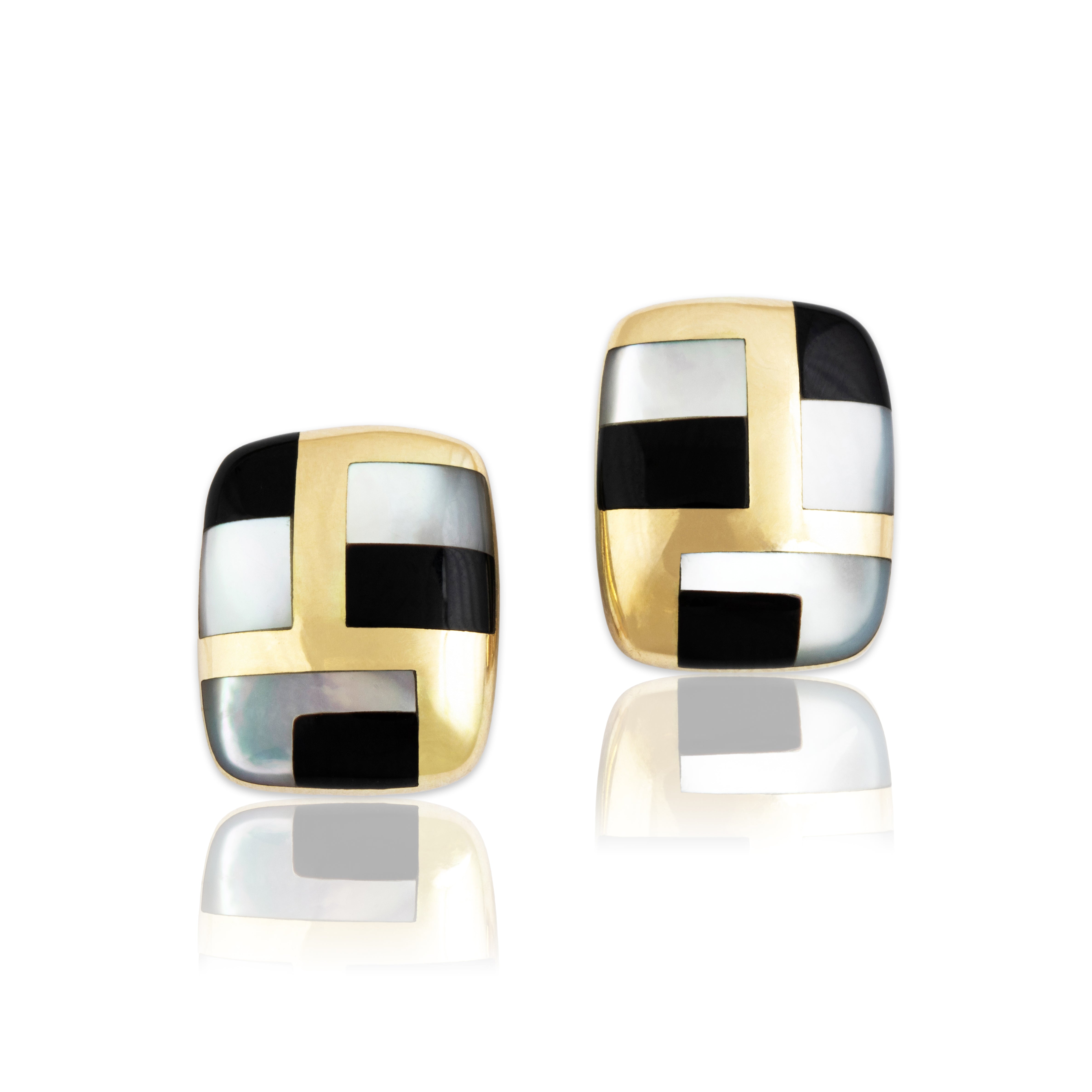 Vintage Asch Grossbardt 14k Yellow Gold Multistone Inlay Chic Clip Earrings - Close-up view