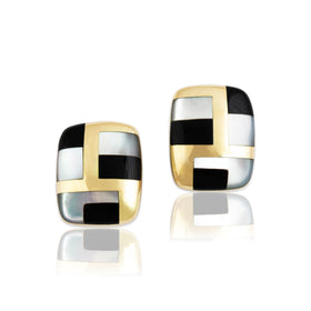 Vintage Asch Grossbardt 14k Yellow Gold Onyx Mother of Pearl Inlay Clip Earrings