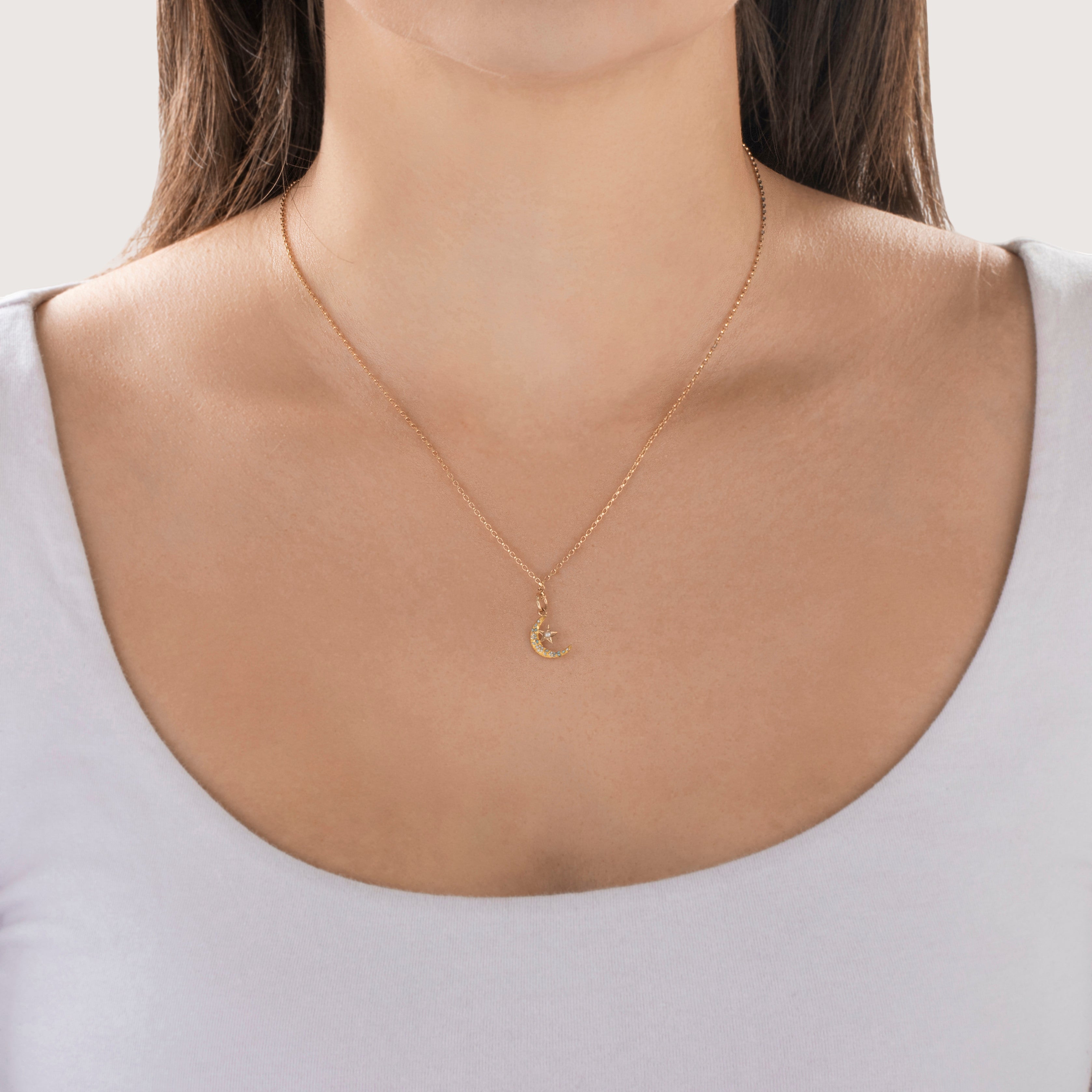 Antique Small 14k Yellow Gold Pearl Cute Crescent Moon & Star Charm / Pendant - On model view