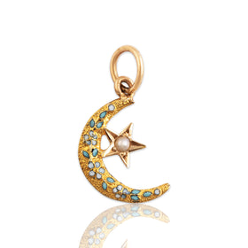 Antique Small 14k Yellow Gold Pearl Cute Crescent Moon & Star Charm / Pendant