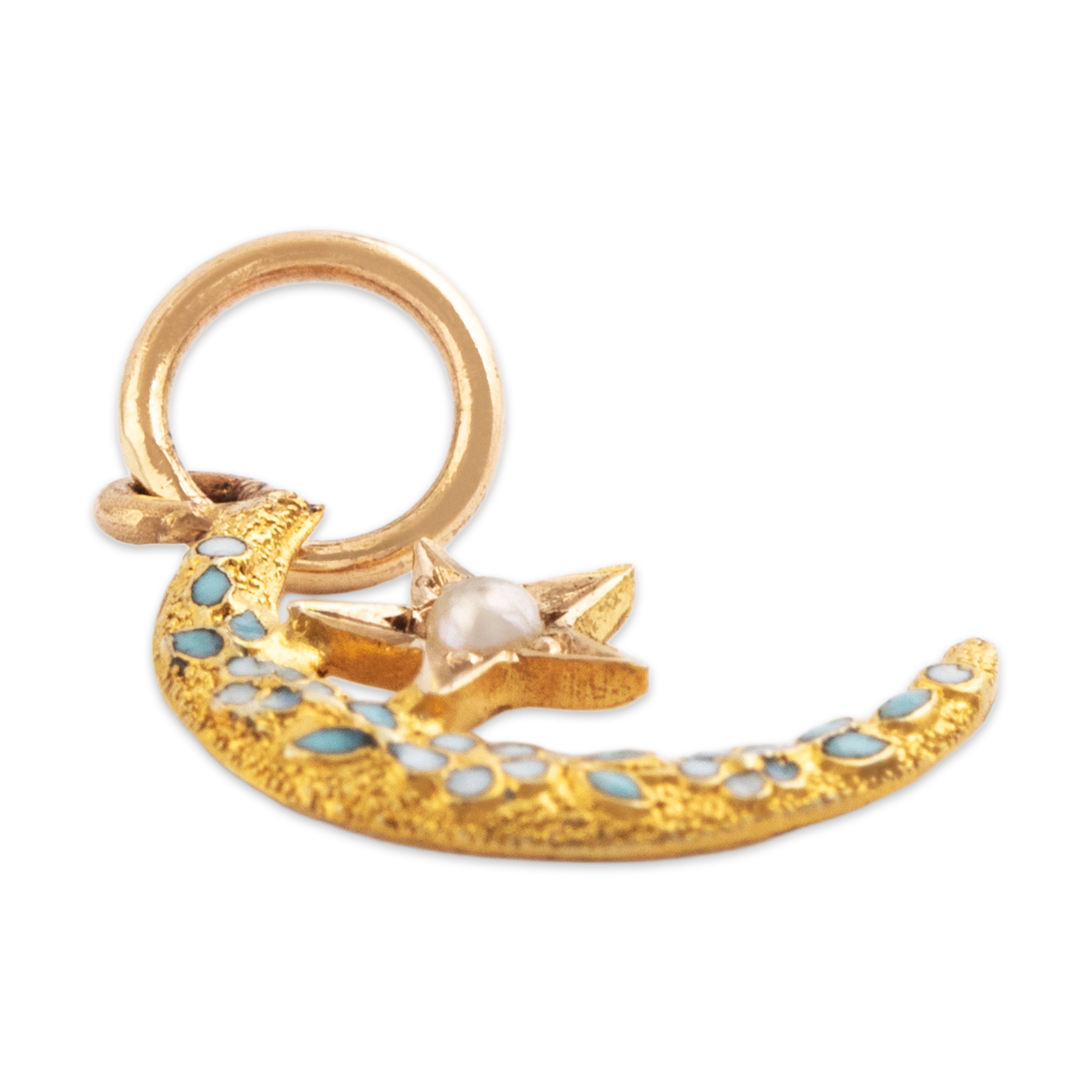Antique Small 14k Yellow Gold Pearl Cute Crescent Moon & Star Charm / Pendant -Side view