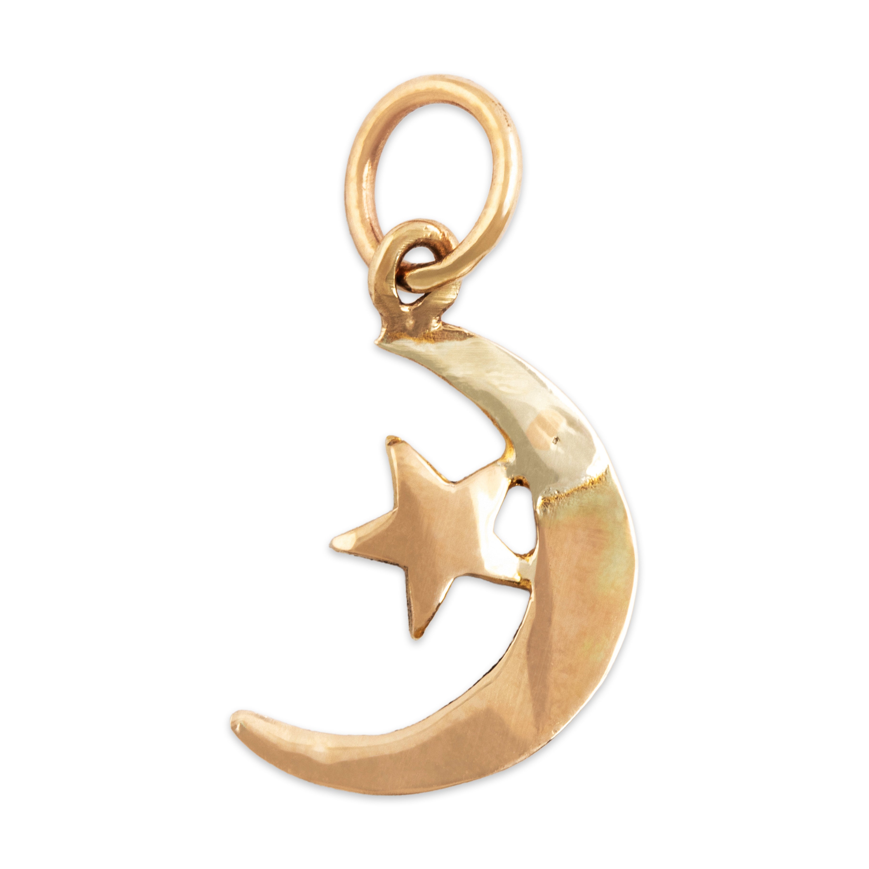 Antique Small 14k Yellow Gold Pearl Cute Crescent Moon & Star Charm / Pendant - Back view