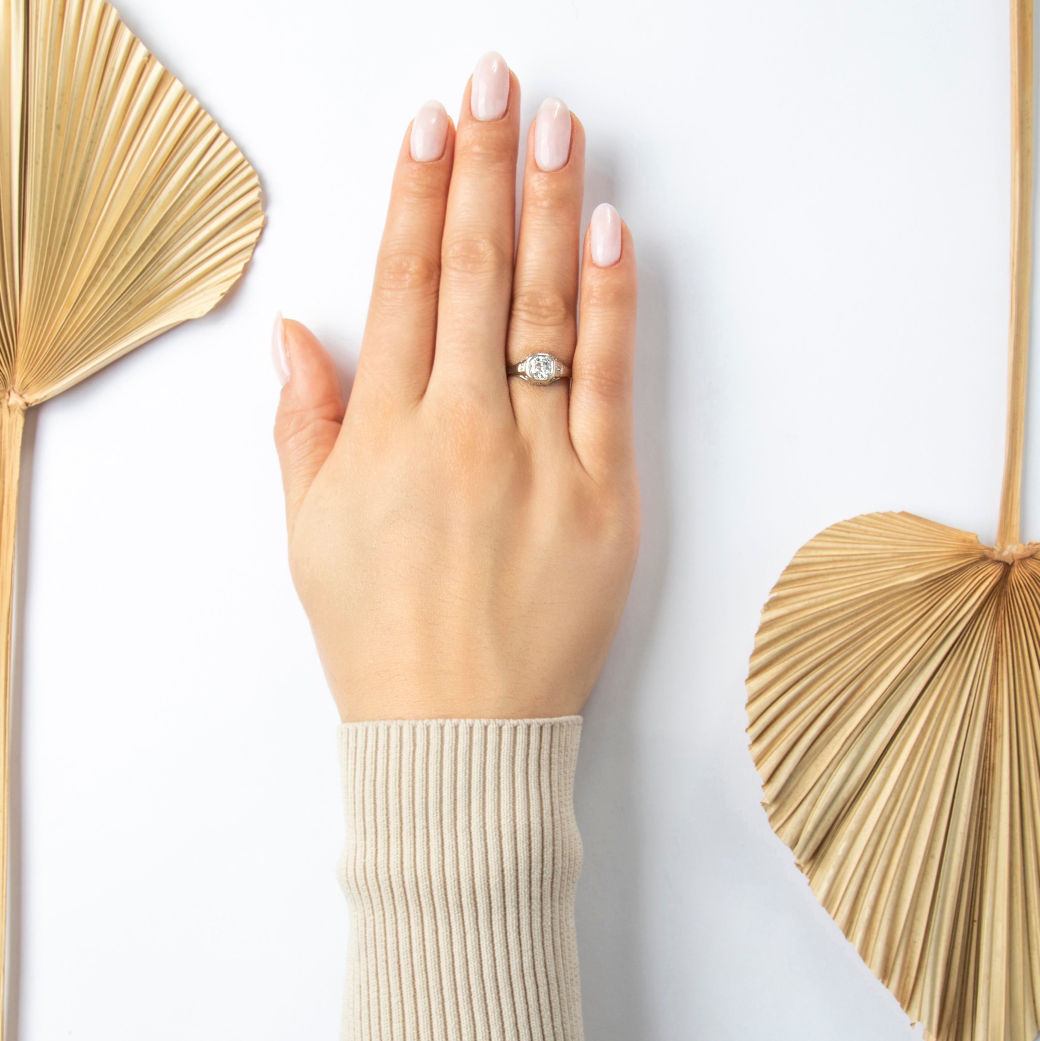 Antique Art Deco 18k White Gold .712cttw Old European Diamond Superb Ring - On model view