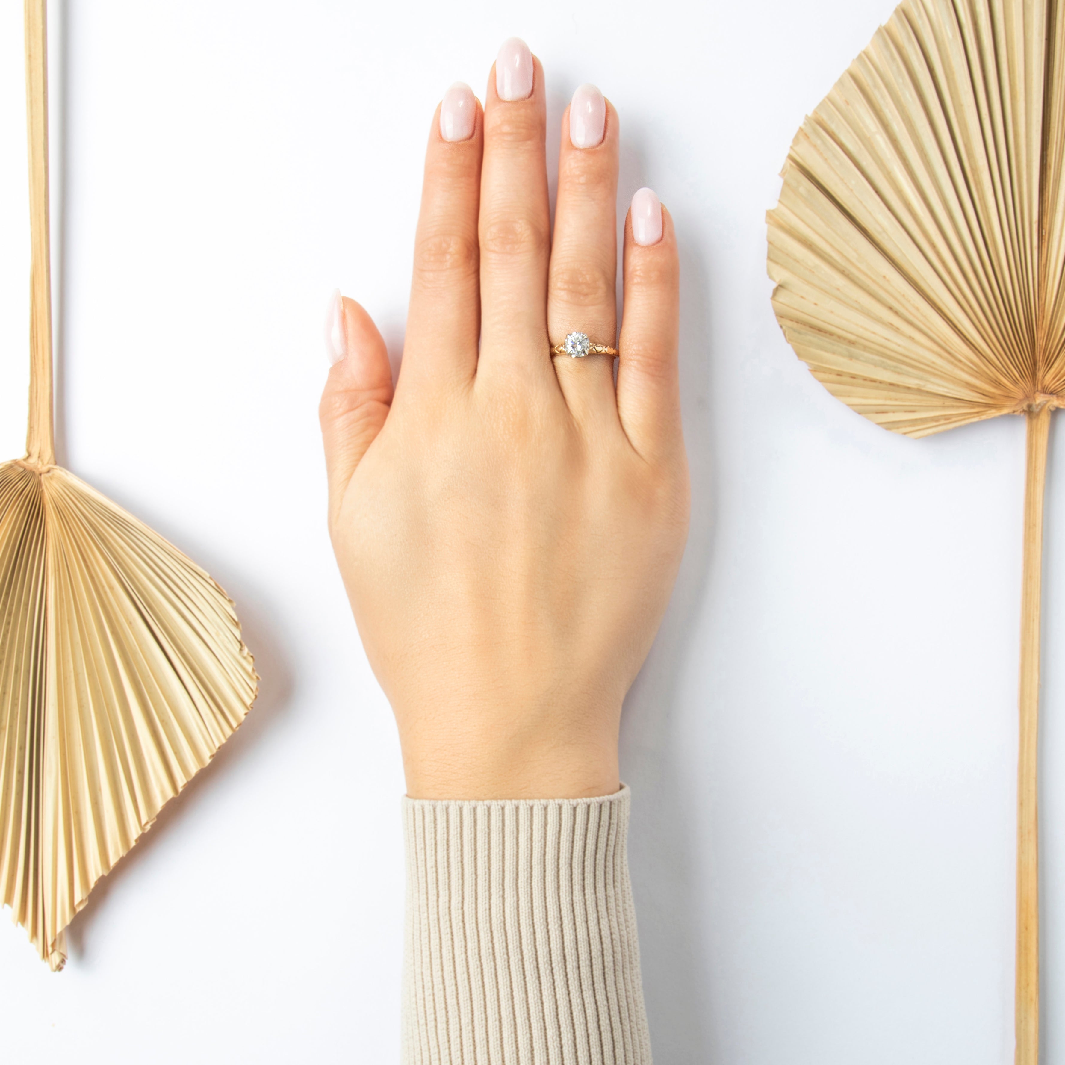 Vintage 14k Yellow Gold .54ct Diamond Quilted Shoulder Solitaire Ring - On model view