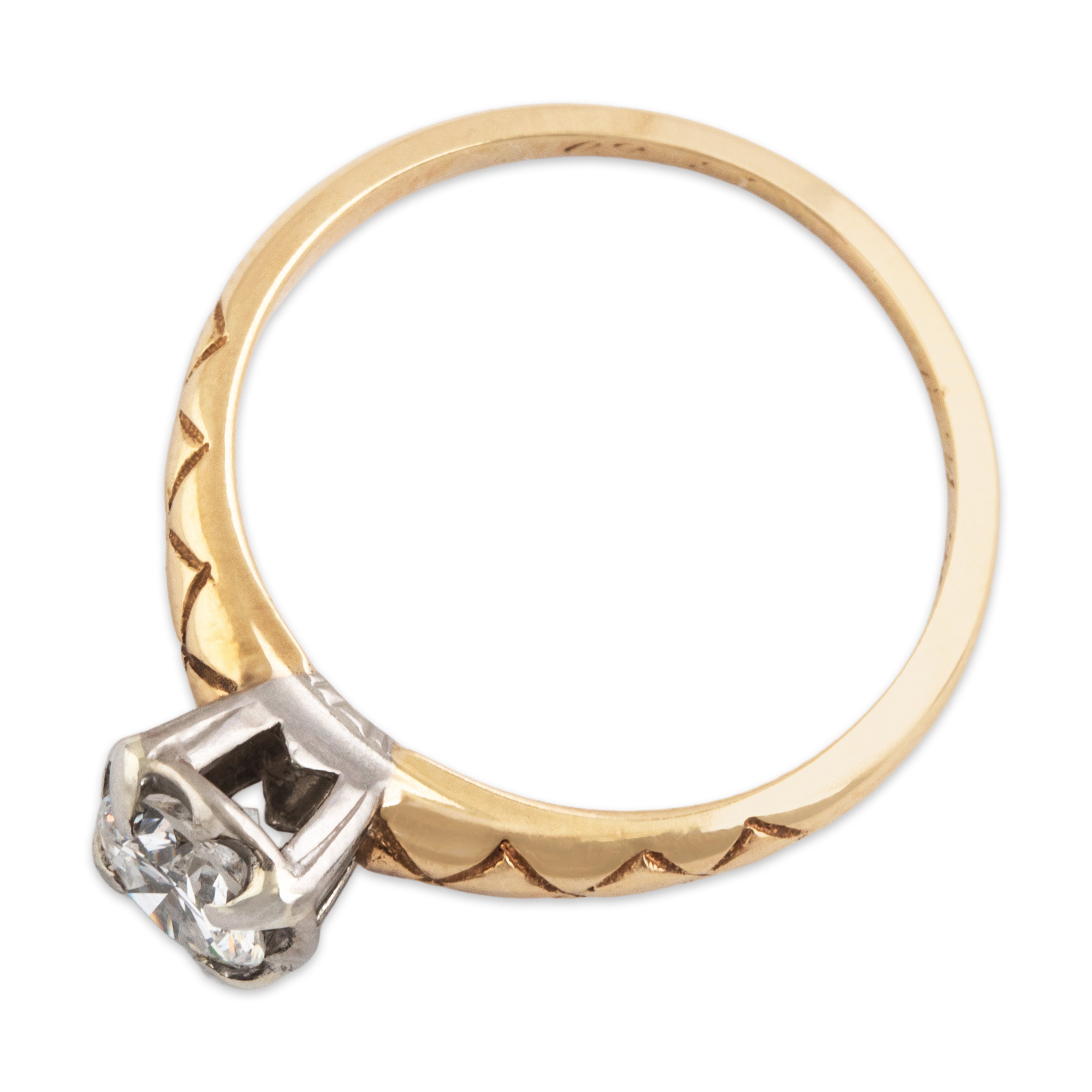 Vintage 14k Yellow Gold .54ct Diamond Quilted Shoulder Solitaire Ring - Overall view