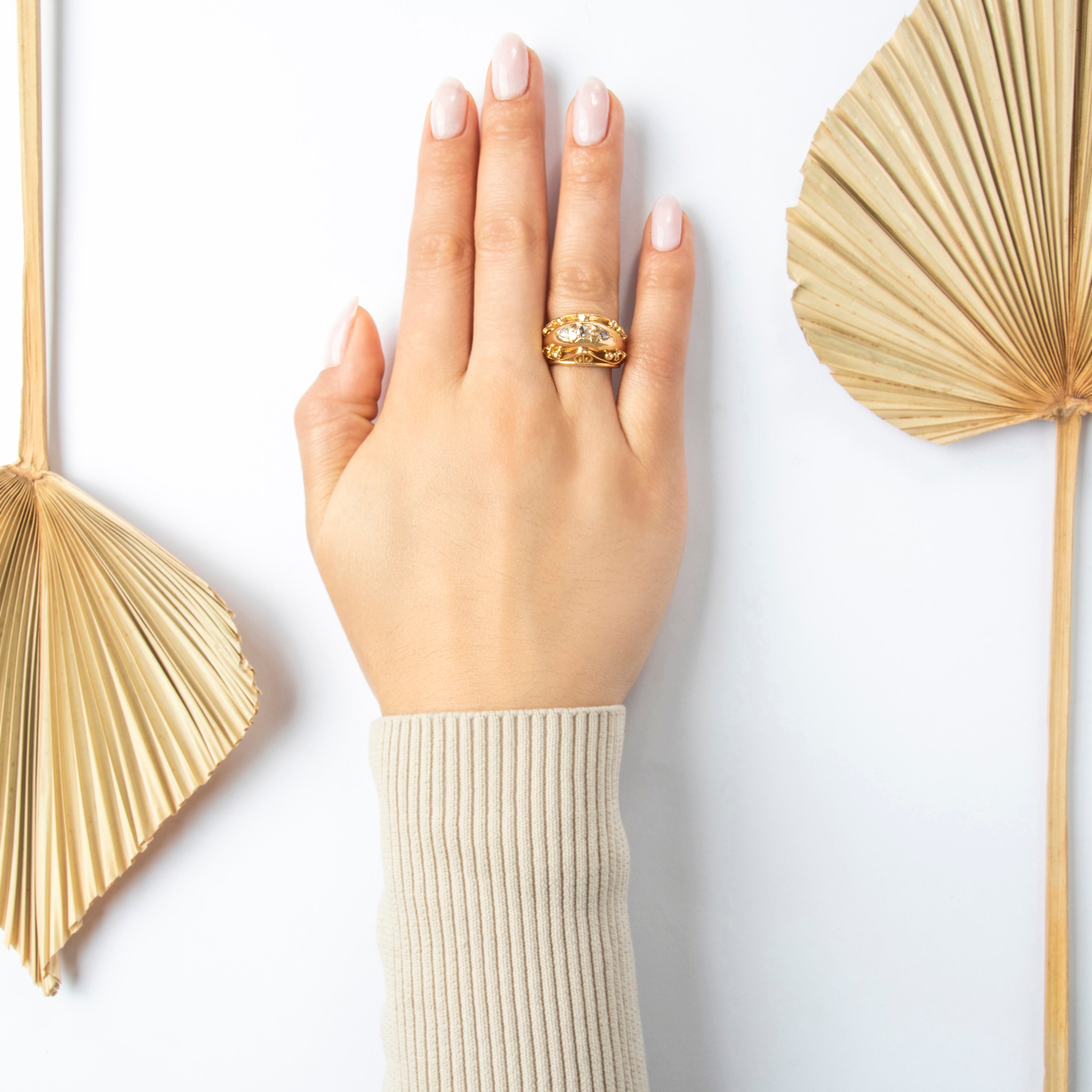 Vintage Large 18k Rosy Yellow & Yellow Gold Rose Cut Diamond Trio Ring - On model view